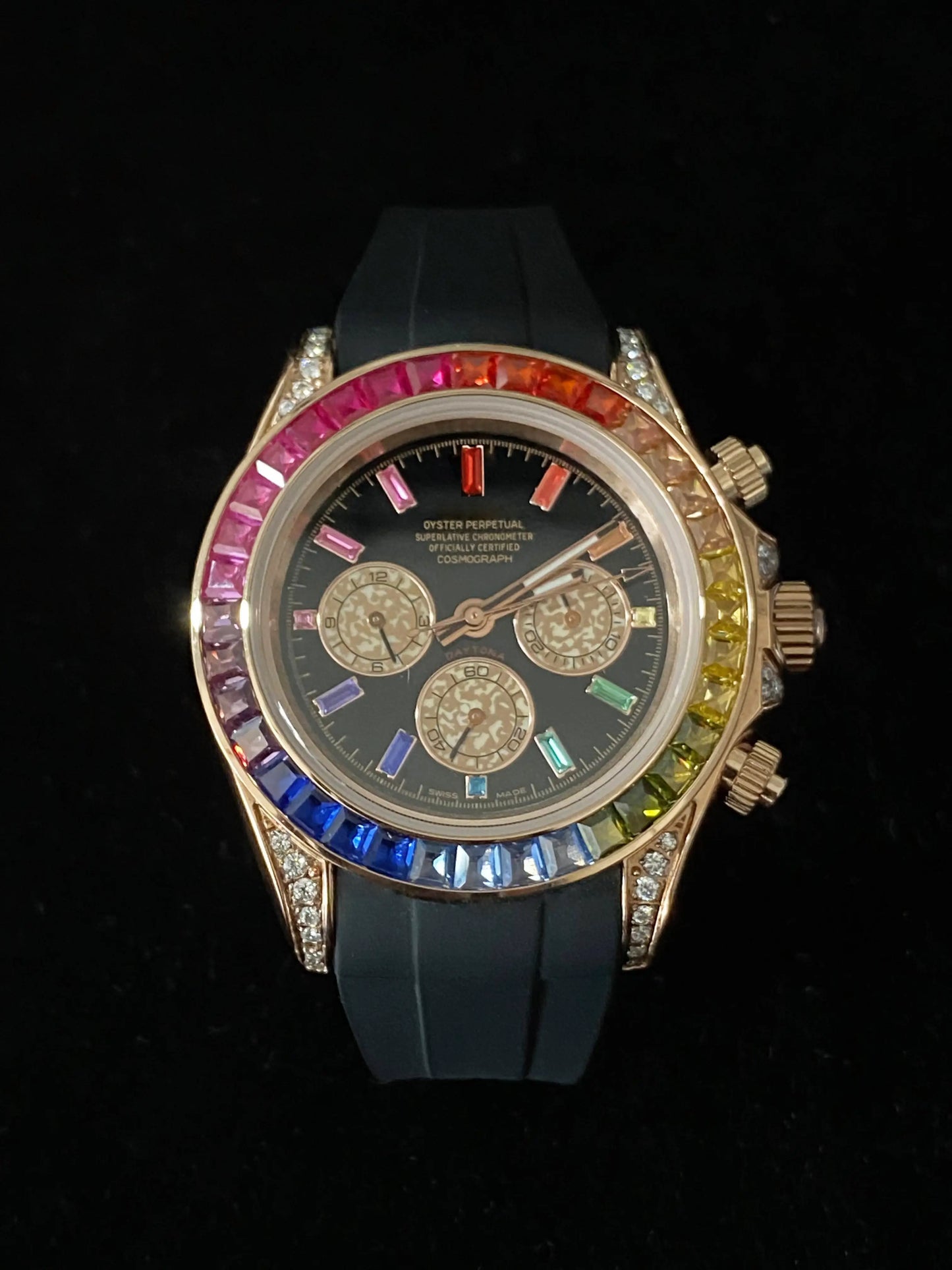 Black Strap With 41MM Colorfull Baguette Bezel Dial Moissanite Watch