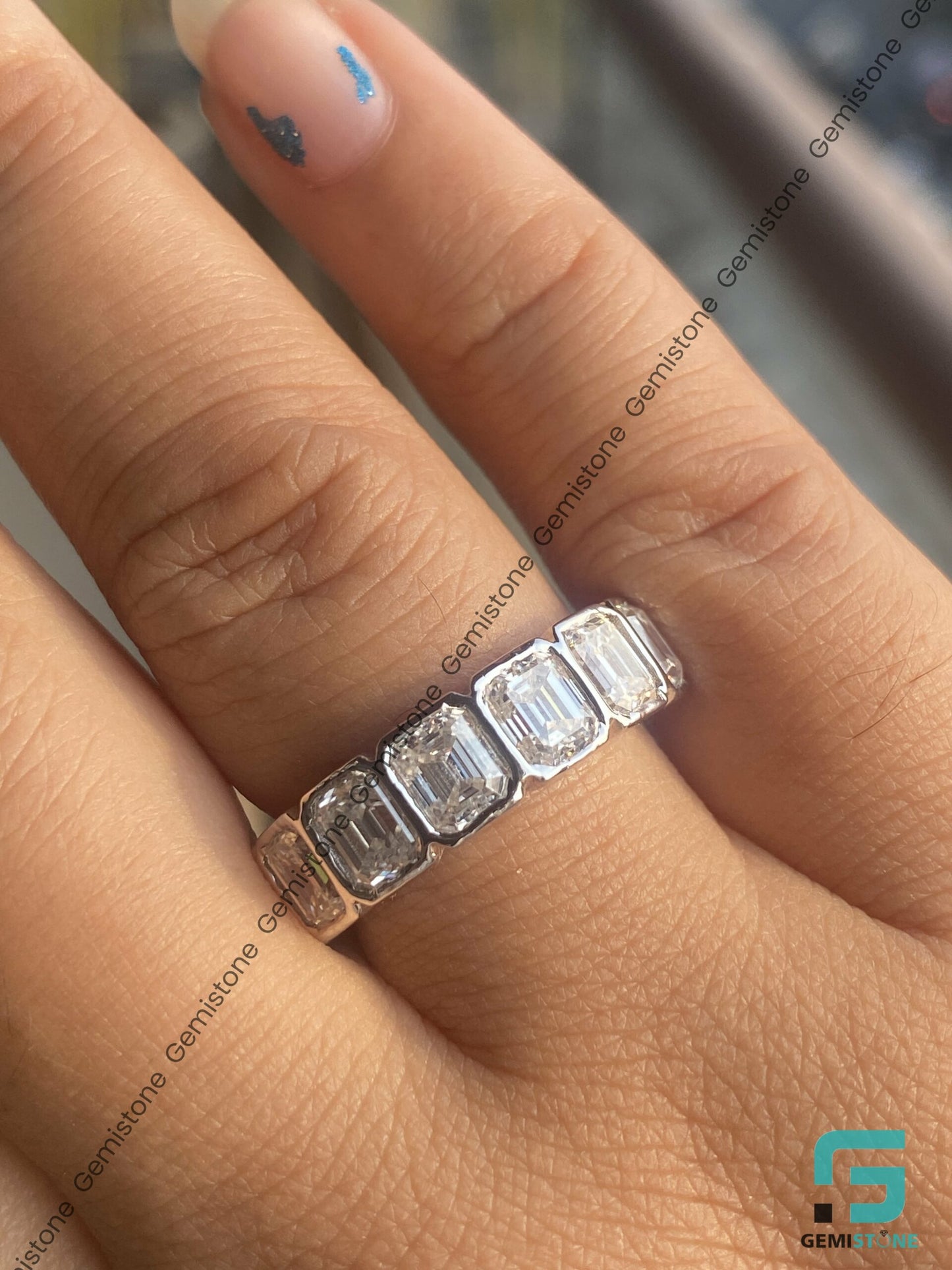 3.5 CTW Half Eternity Moissanite Emerald Cut Bezel Ring For Her