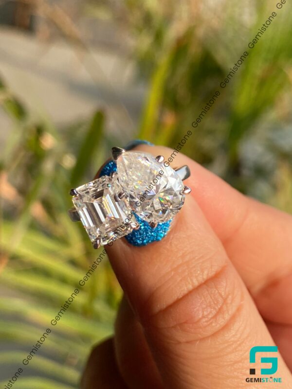 Pear And Emerald Cut Moissanite Two Stone Engagement Ring