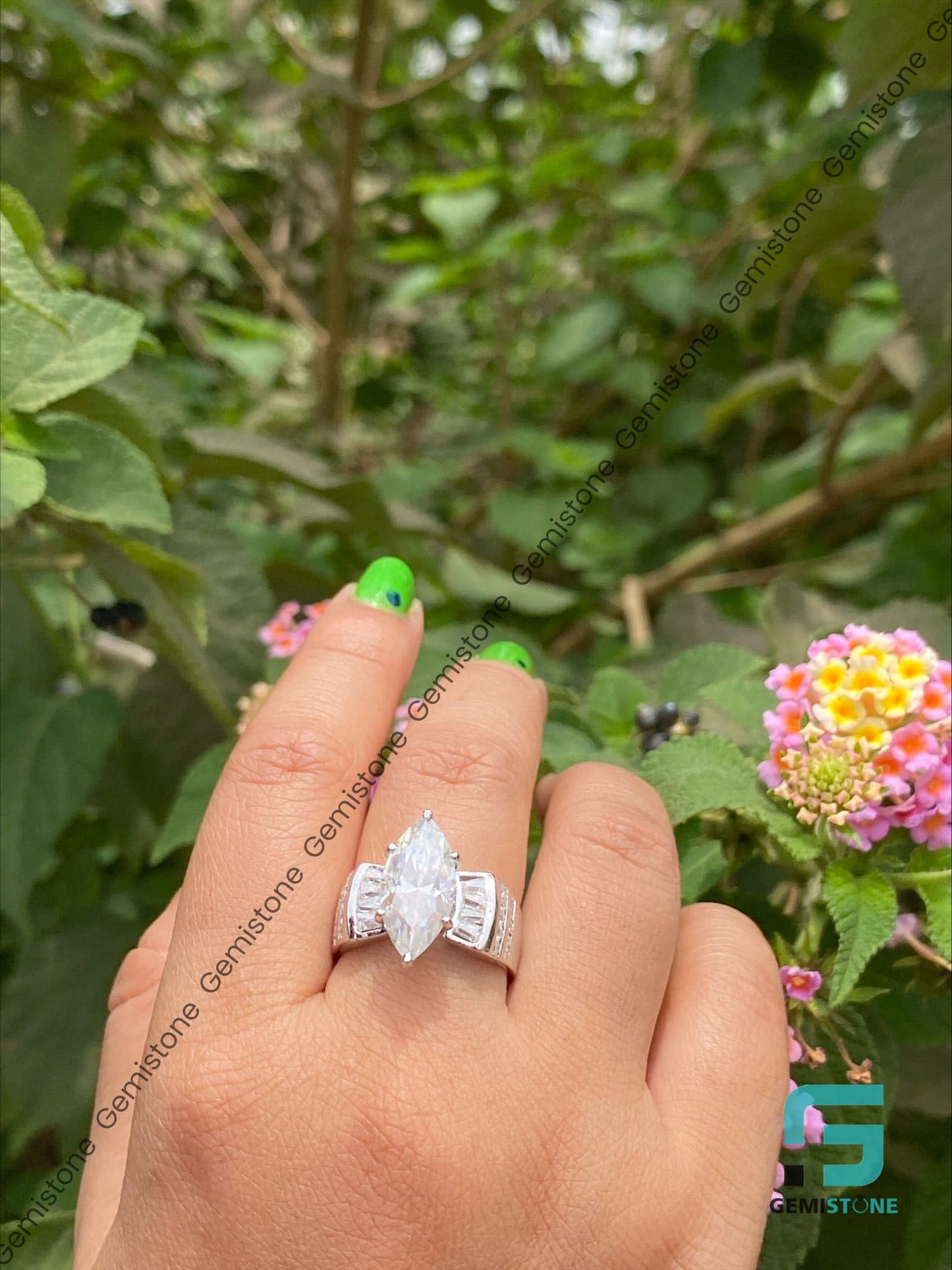 14K White Gold Cluster Diamond Marquise Baguette Ring