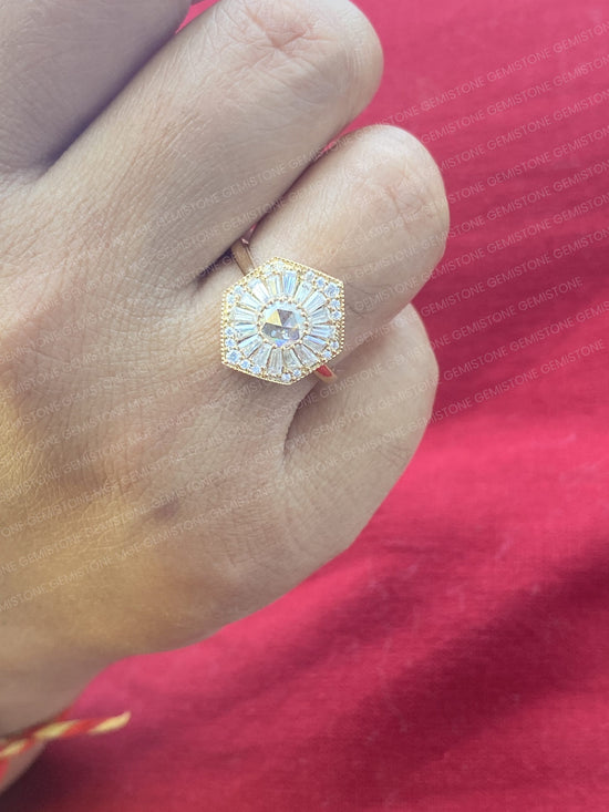 Hexagon Shape Round Rose Cut Moissanite Halo Vintage Engagement Ring