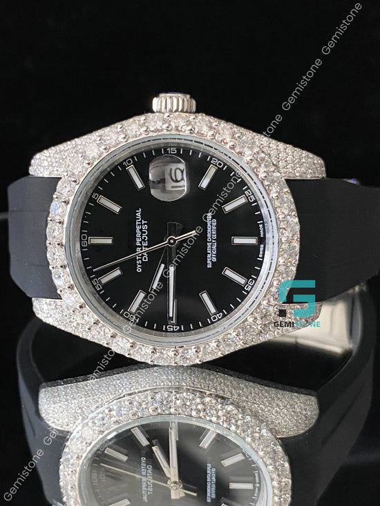 41MM Big Bezel Black Dial Moissanite Watch With Black Silicon Strap