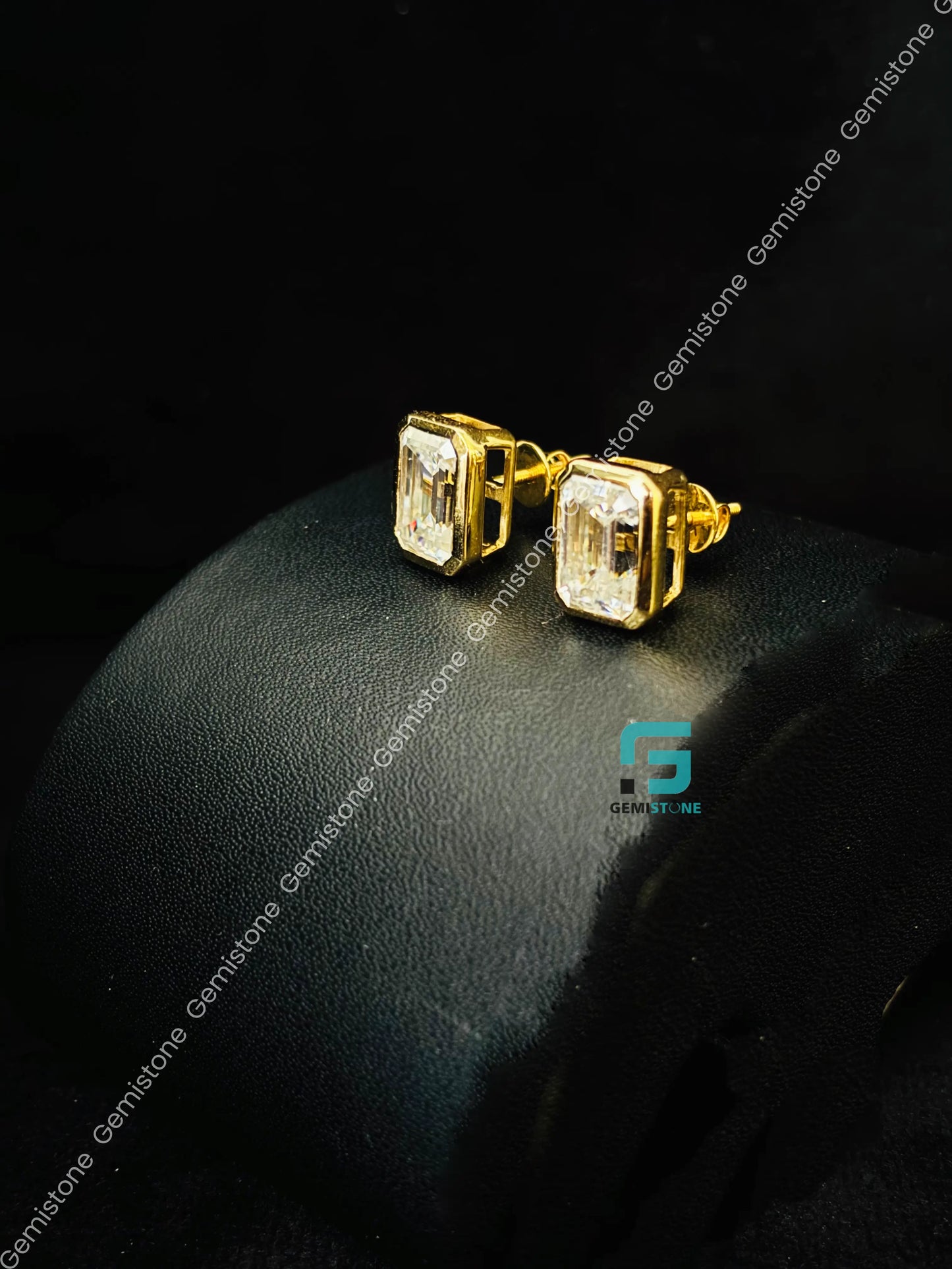 3CT Emerald Cut Bezel Set Moissanite Earrings in 925 Silver