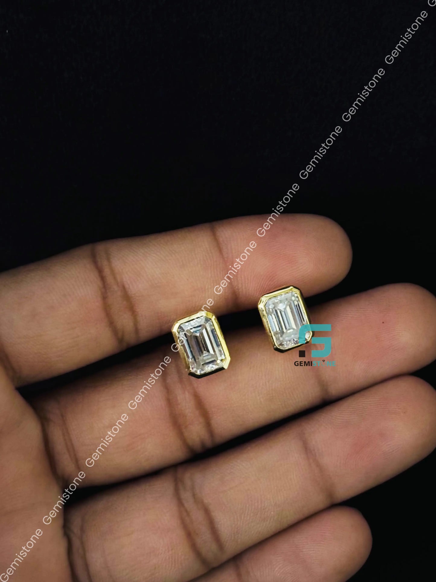 3CT Emerald Cut Bezel Set Moissanite Earrings in 925 Silver