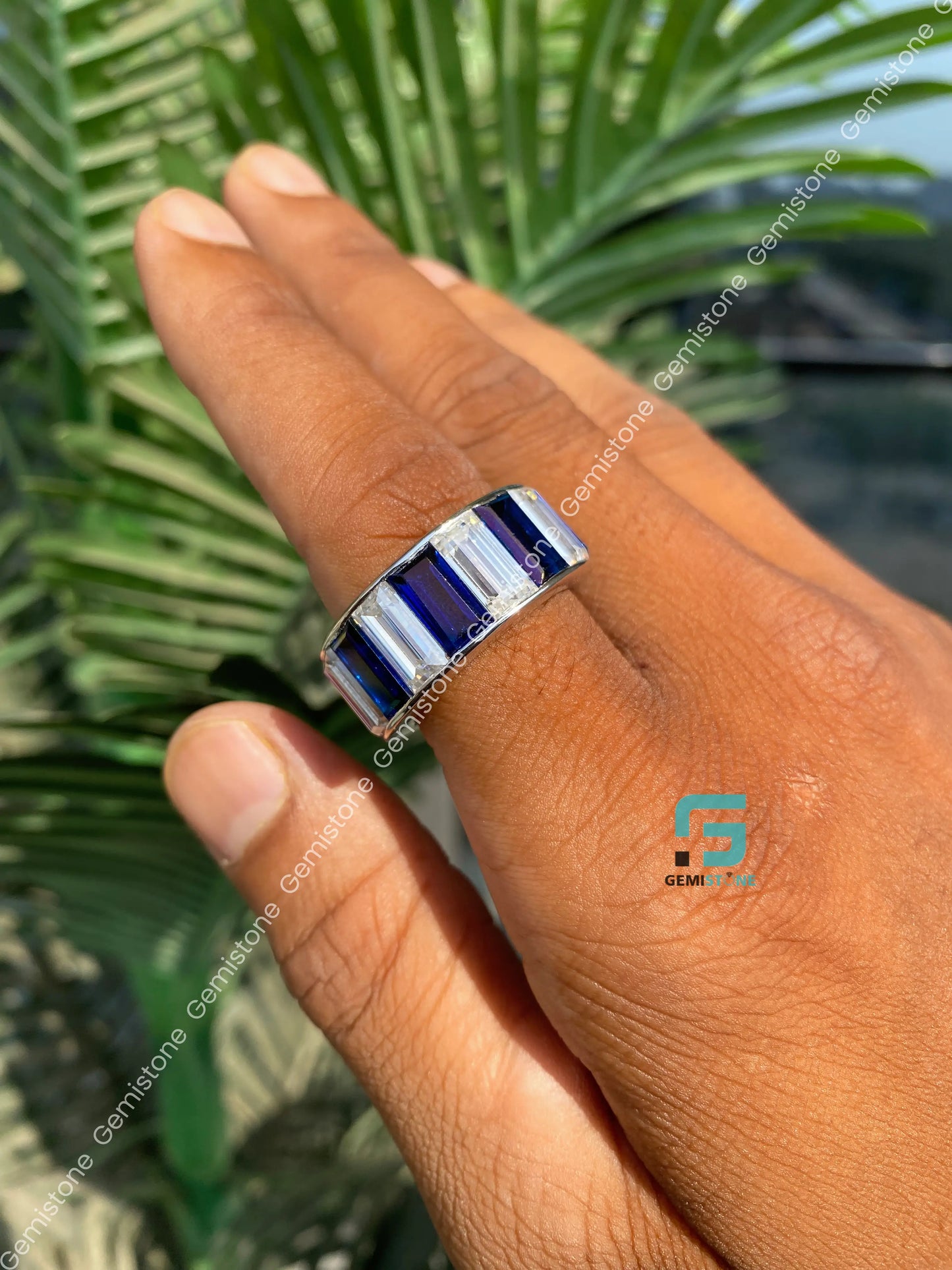 White Baguette Moissanite Full Eternity Band For Men