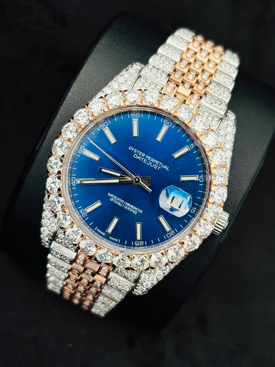 White Bar Blue Dial Moissanite Watch For Men