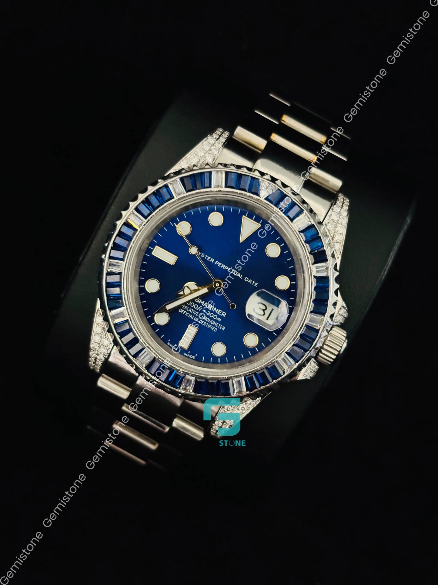 White Bar Blue Dial Moissanite Watch For Mens