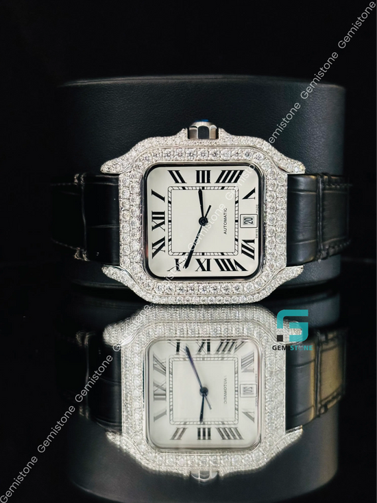White Dial Roman Number Moissanite Watch For Men