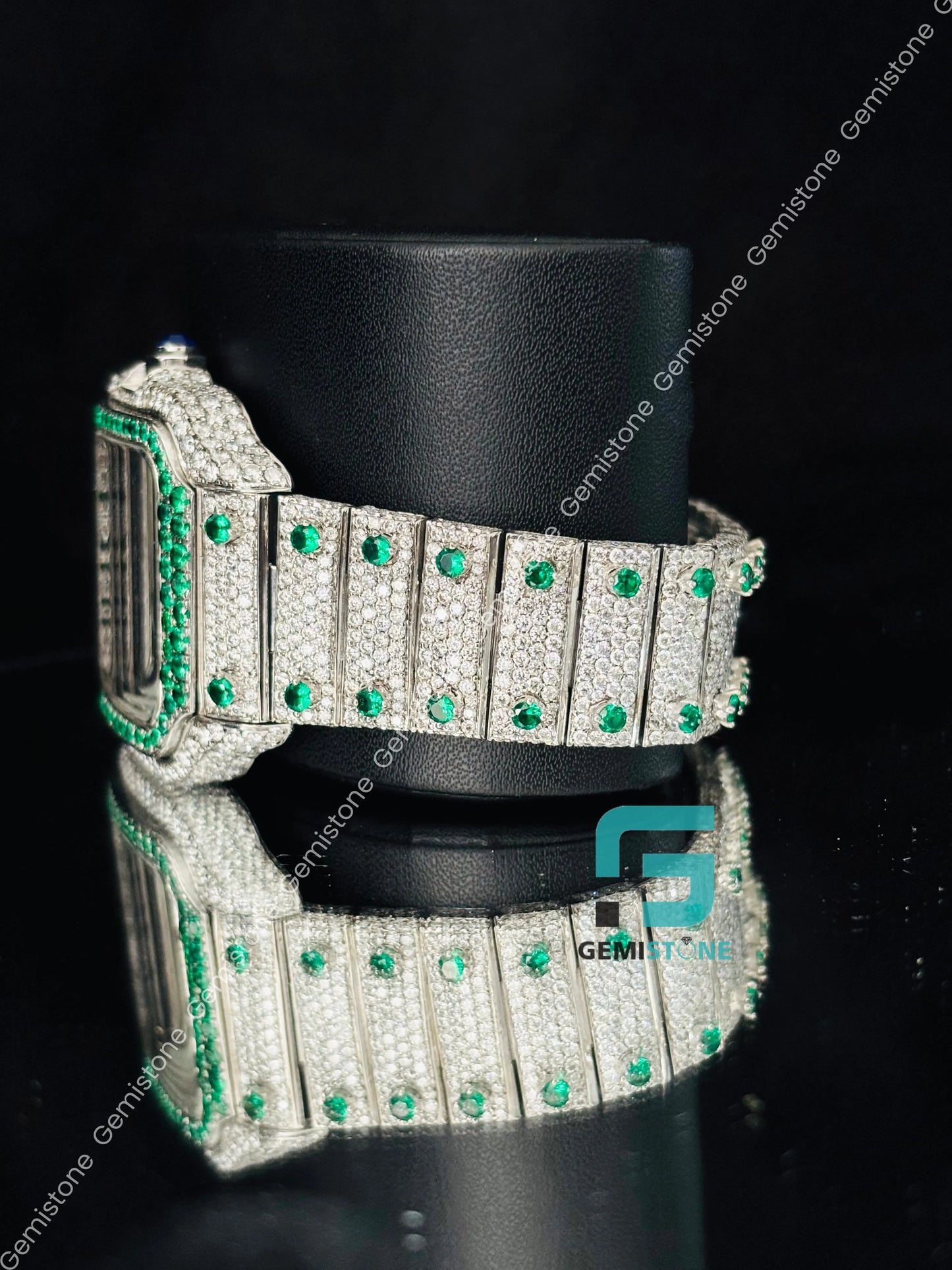 White Green Stone Moissanite Watch For Men