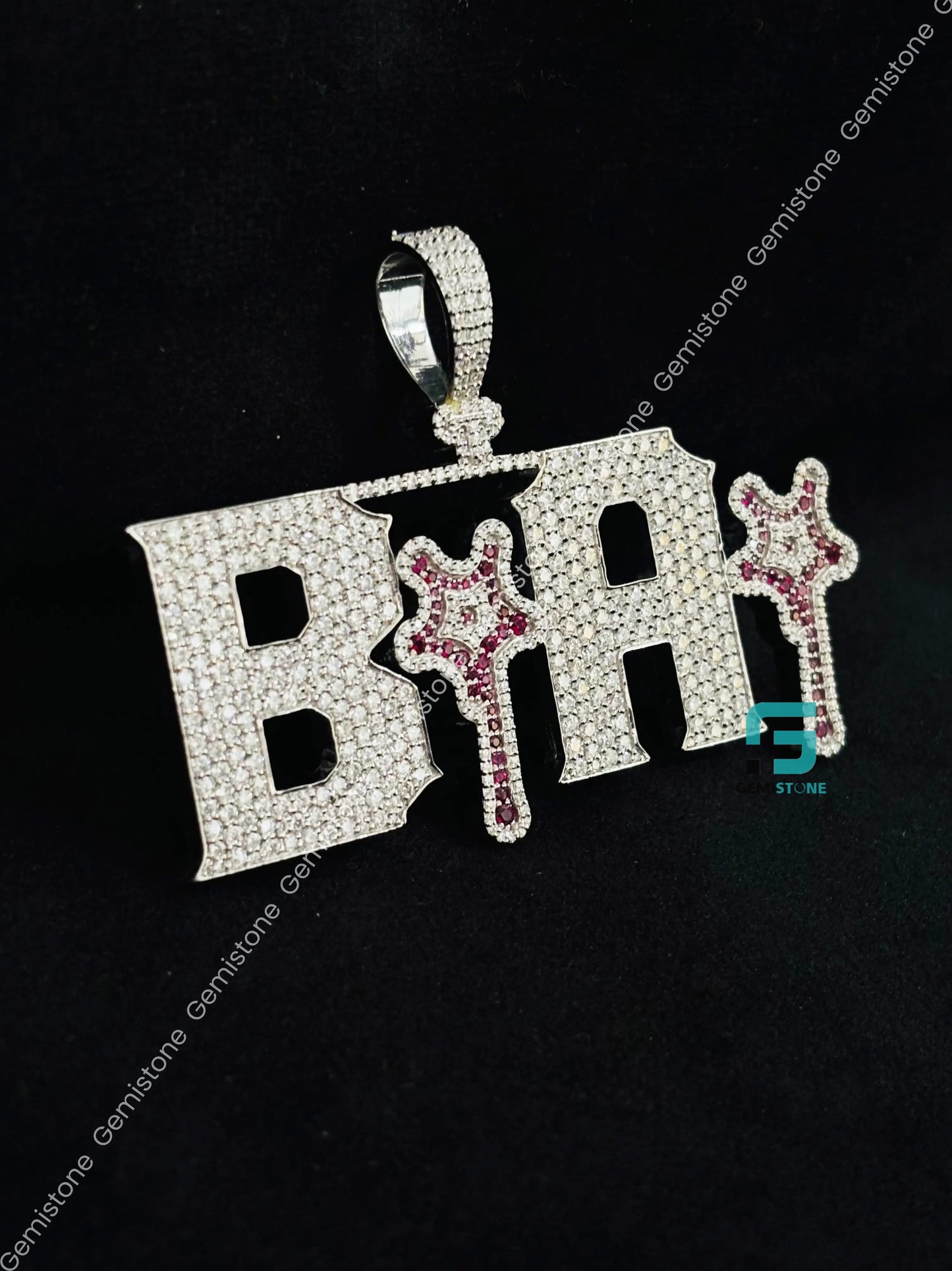 White Moissanite with Red Center Stones Hip Hop Pendant For Men