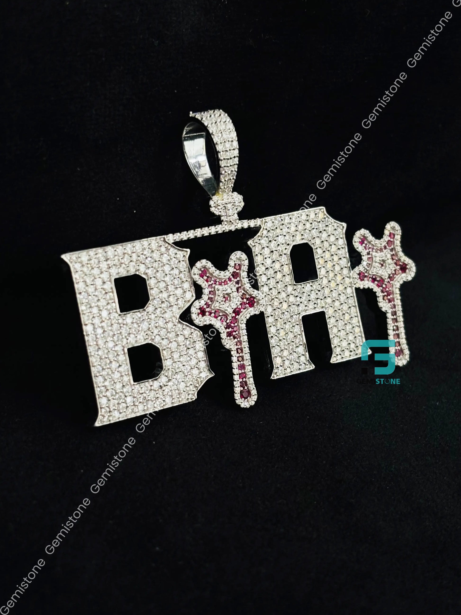 White Moissanite with Red Center Stones Hip Hop Pendant For Men