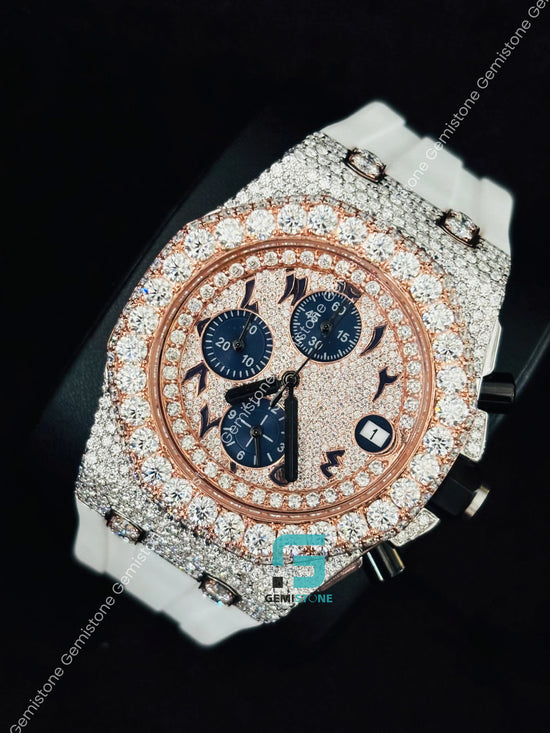 White Rubber Strap Two Tone Moissanite Watch For Him