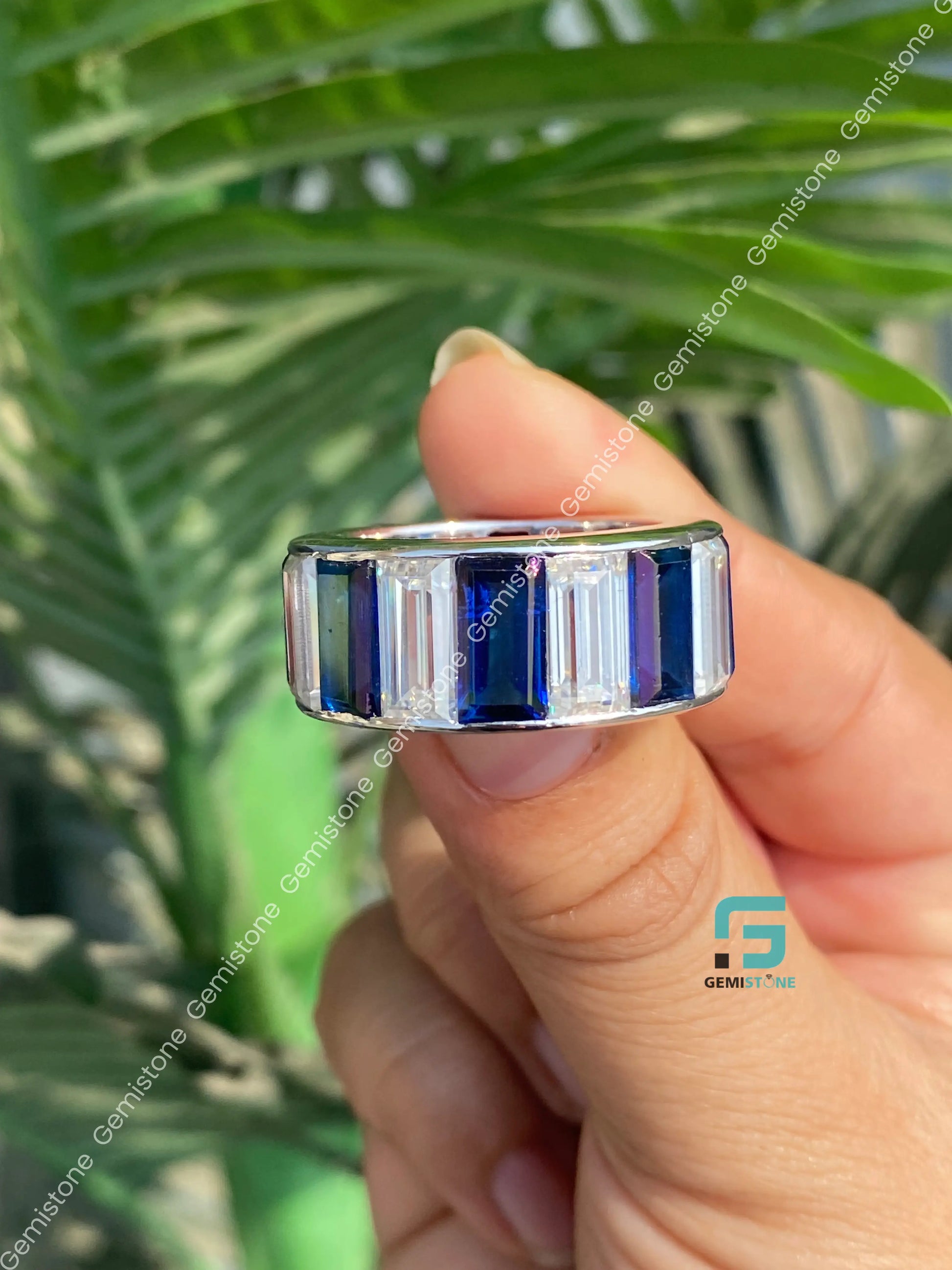 White_ Blue Baguette Moissanite Full Eternity Band For Men