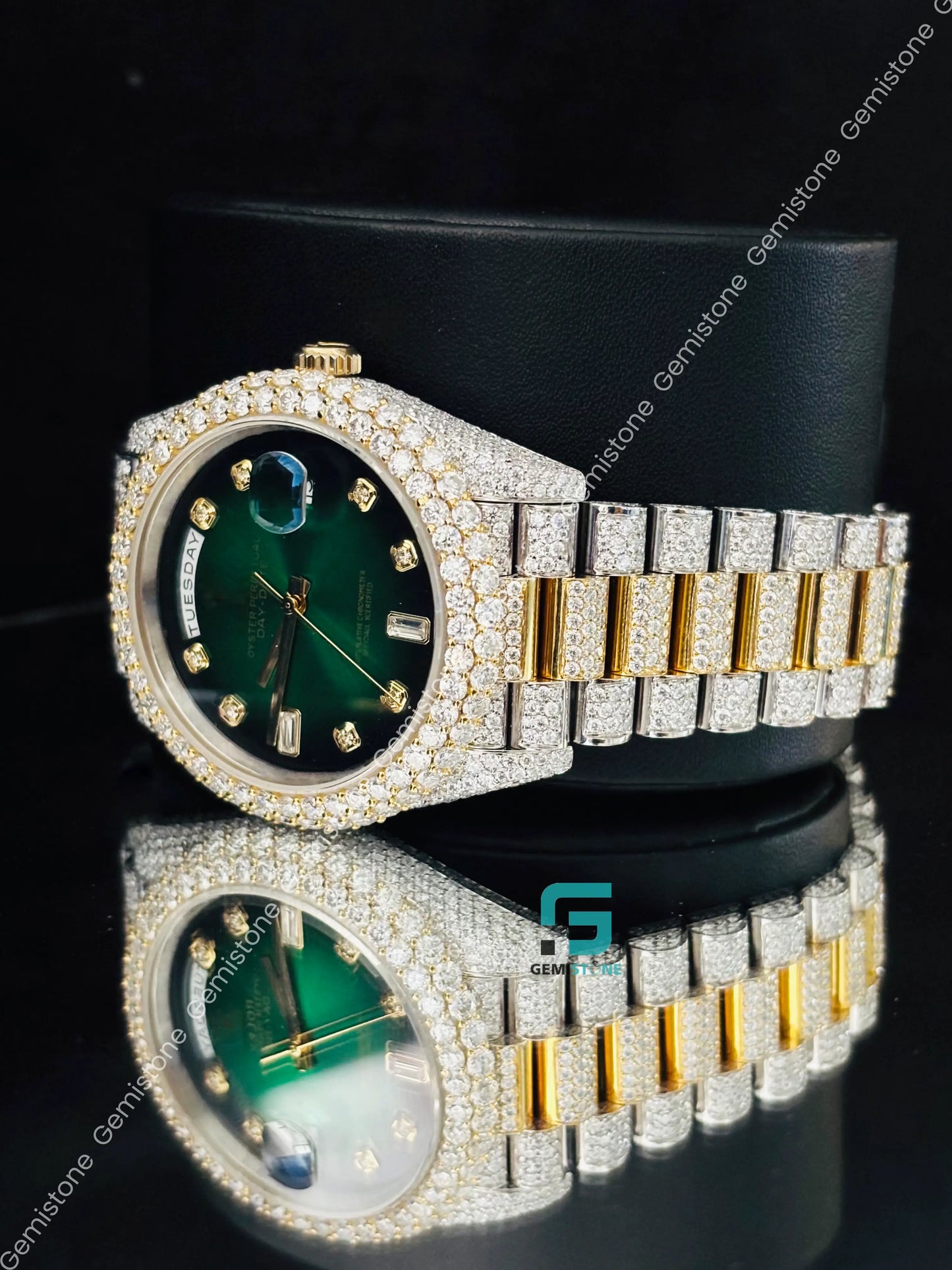 Yellow Gold Palted Green Dial Moissanite Watch