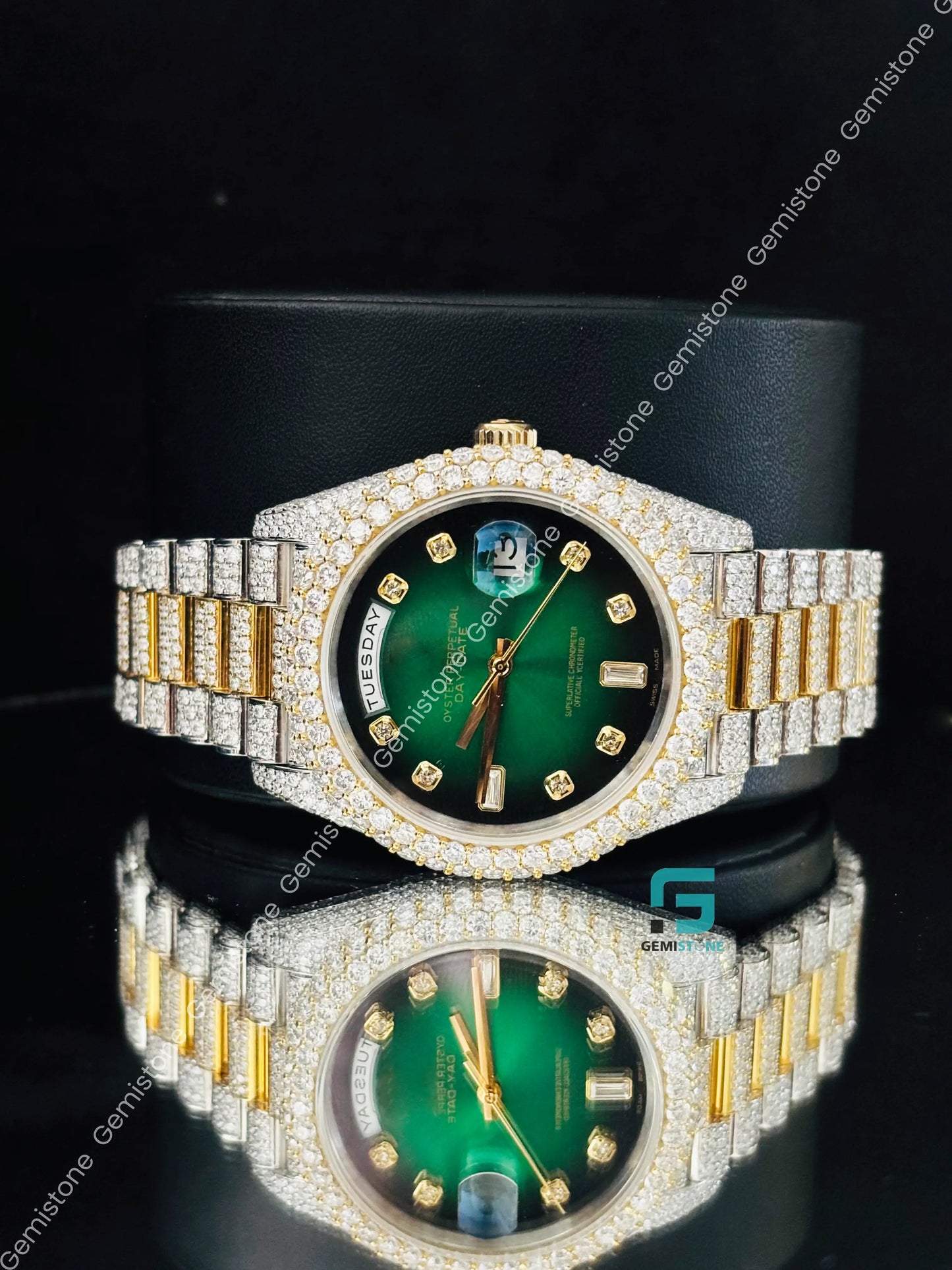Yellow Gold Palted Green Dial Moissanite Watch For Men
