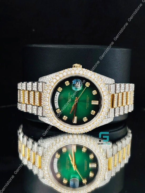 Yellow Gold Palted Green Dial Moissanite Watch For Men