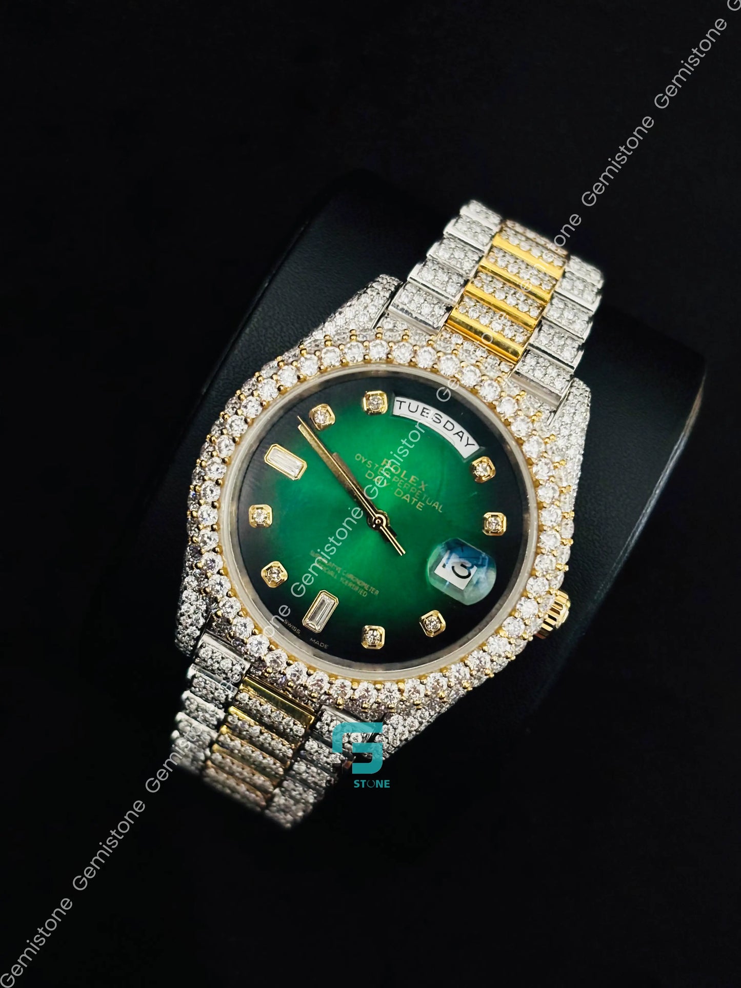 Yellow Gold Palted Hip Hop Green Dial Iced Out Moissanite Watch