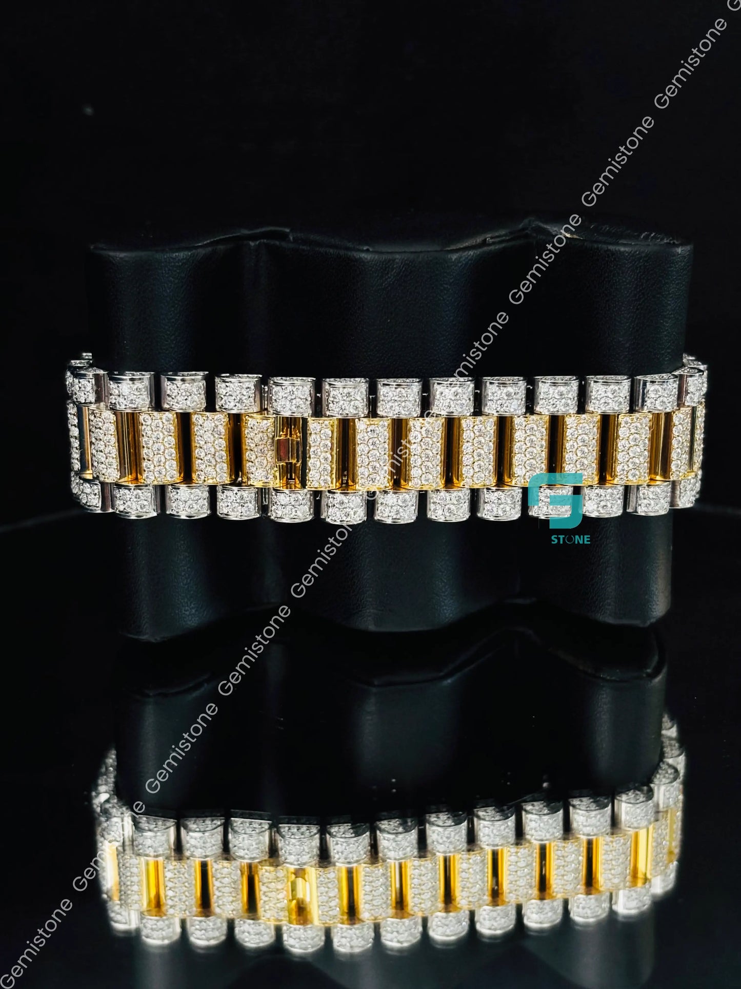 Yellow Gold Palted Hip Hop Green Dial Iced Out Moissanite Watch For Men