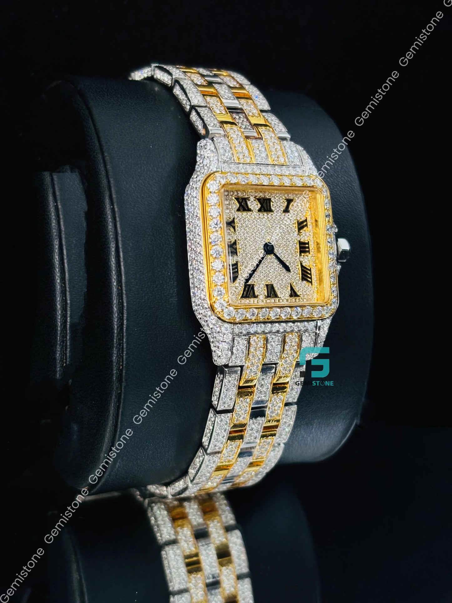 Yellow Gold Plated Cartier Roman Number Hip Hop Moissanite Watch 