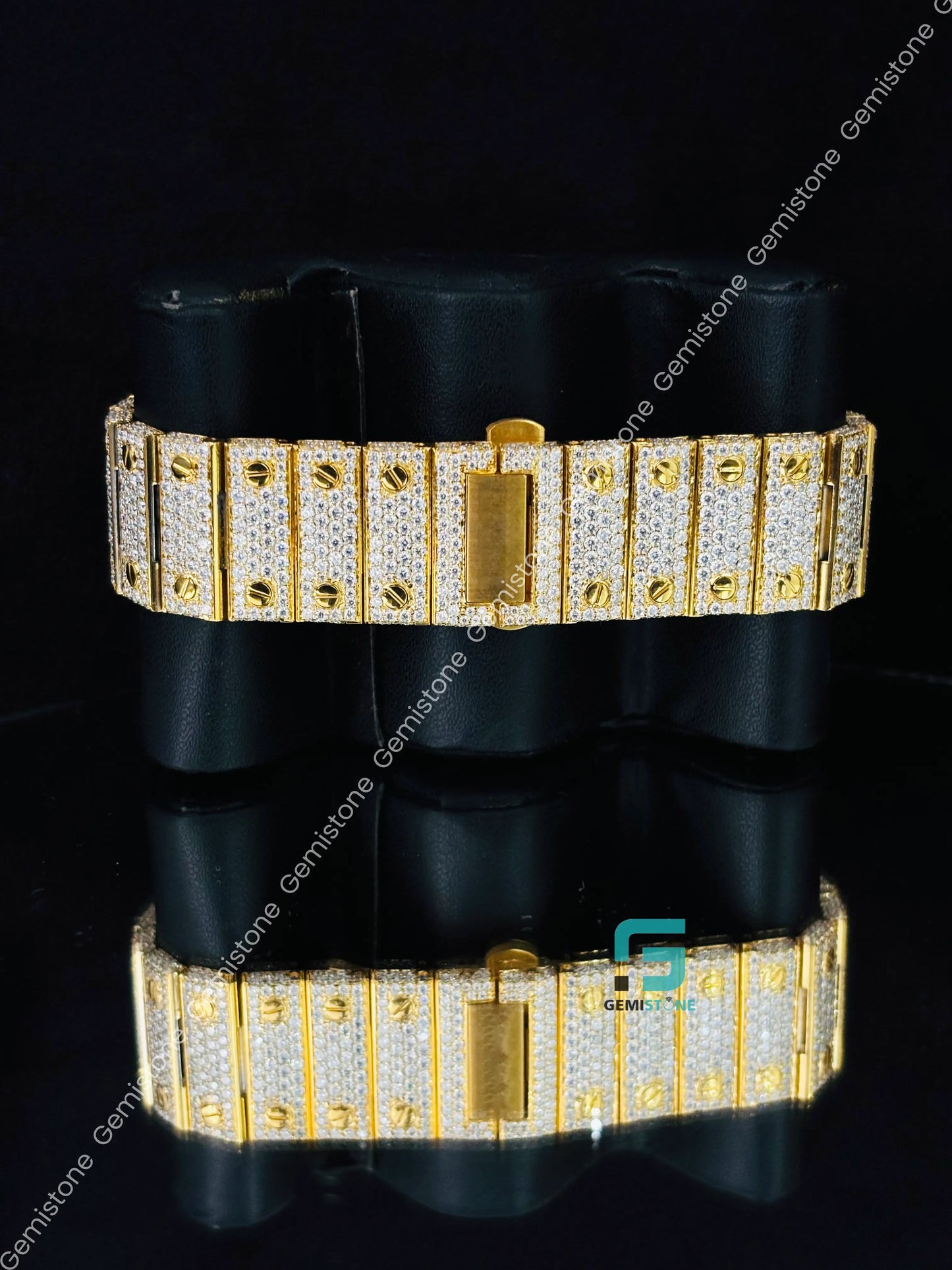 Yellow Gold Plated Hip Hop Roman Number Moissanite Watch