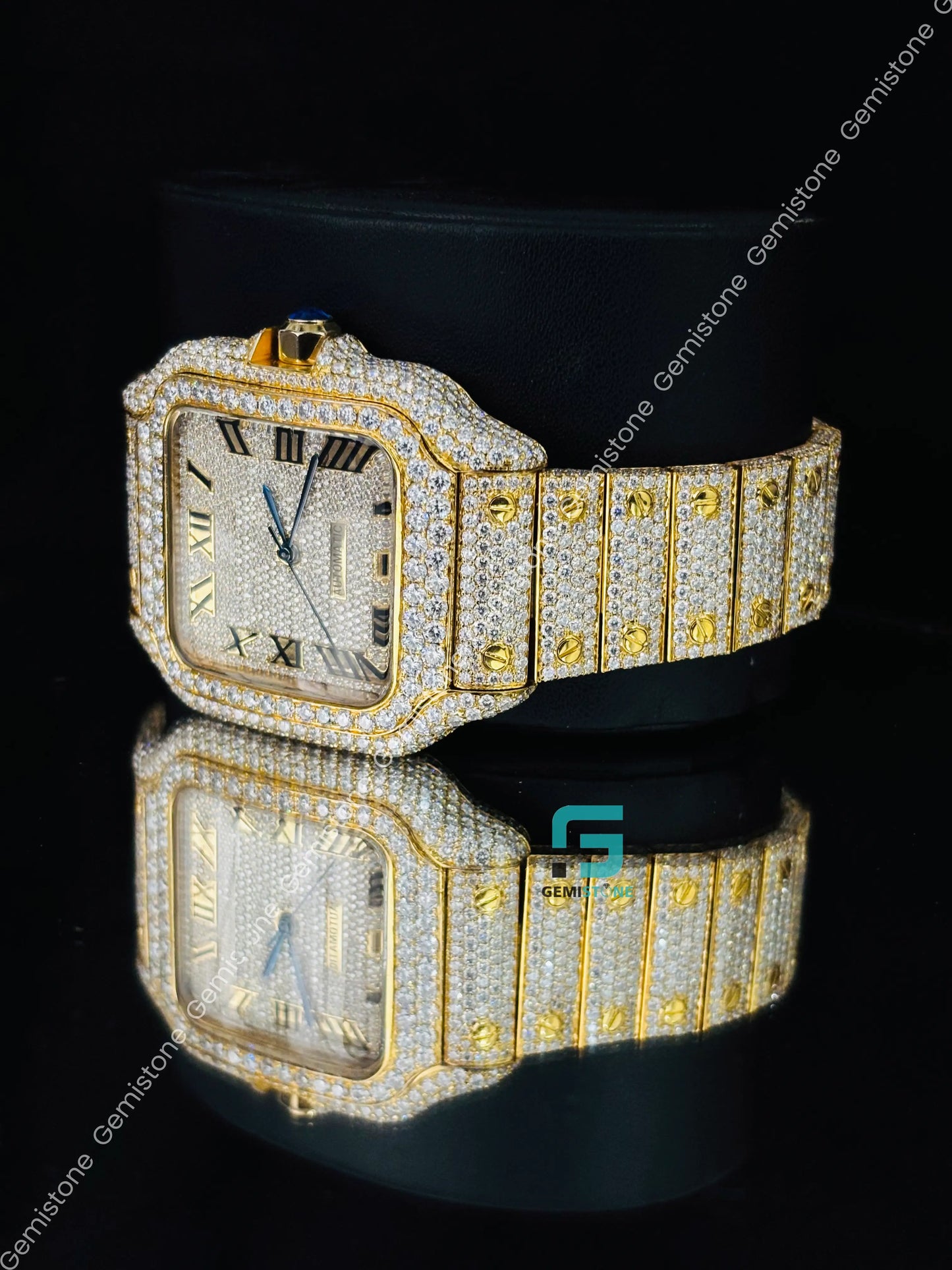 Yellow Gold Plated Iced Out Roman Number Moissanite Watch