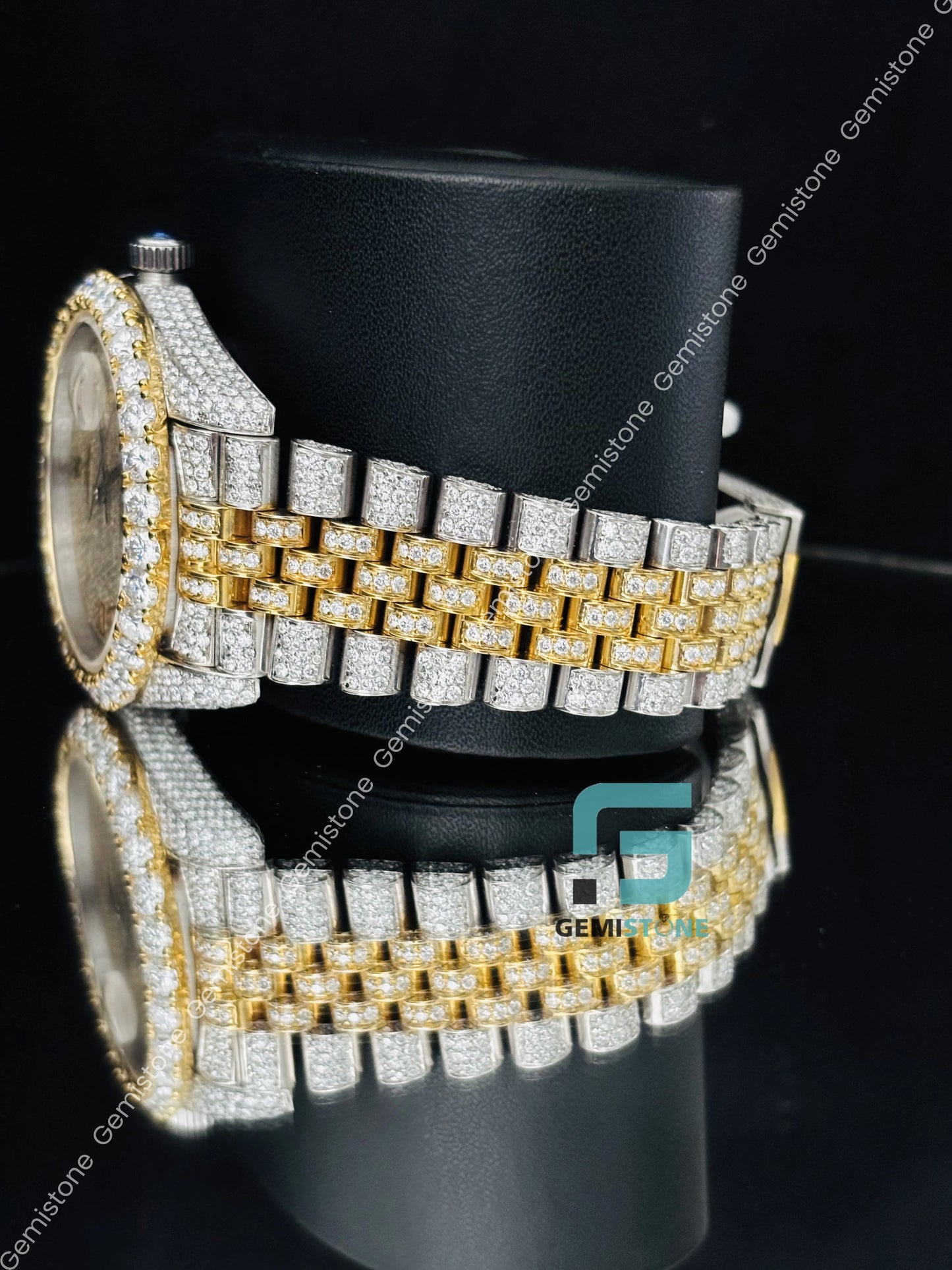 Yellow Gold Plated Moissanite Bust Down Rolex Watch