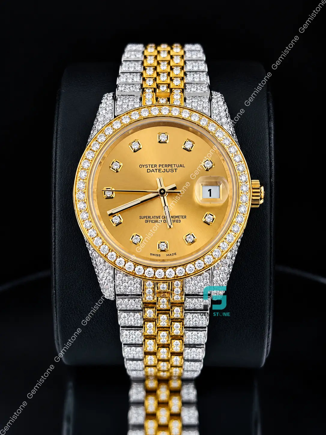 Yellow Gold Plated Moissanite Diamond Studded Watch For Women