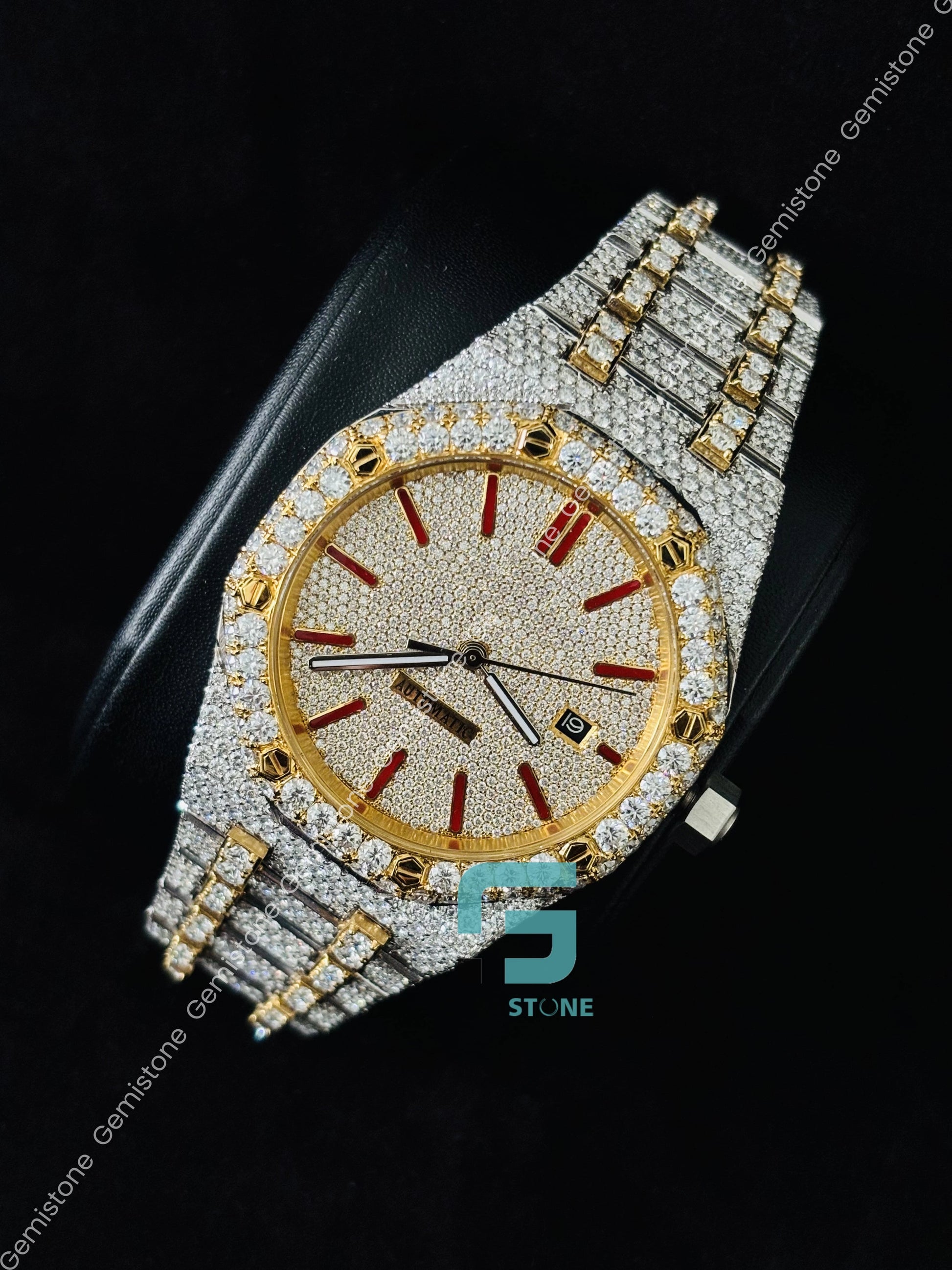 Yellow Gold Plated Moissanite Red Baguette Bar Watch