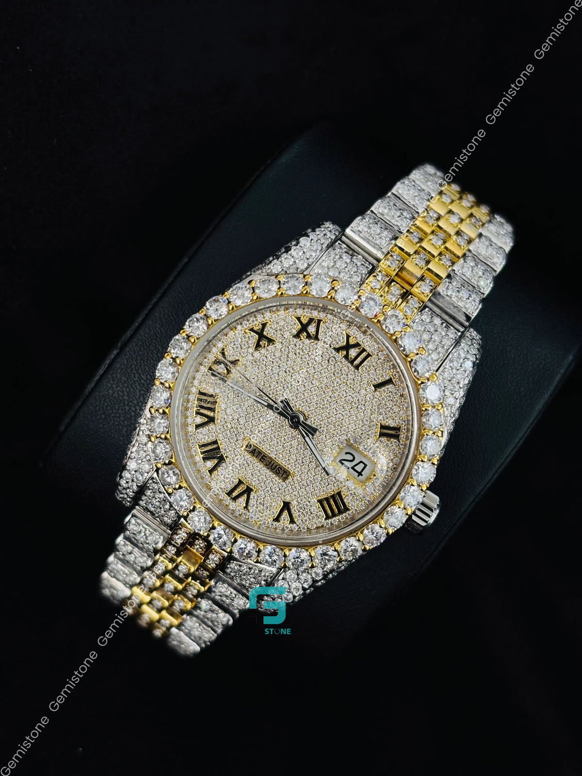 Yellow Gold Plated Moissanite Roman Number Diamond Iced Out Watch For Men