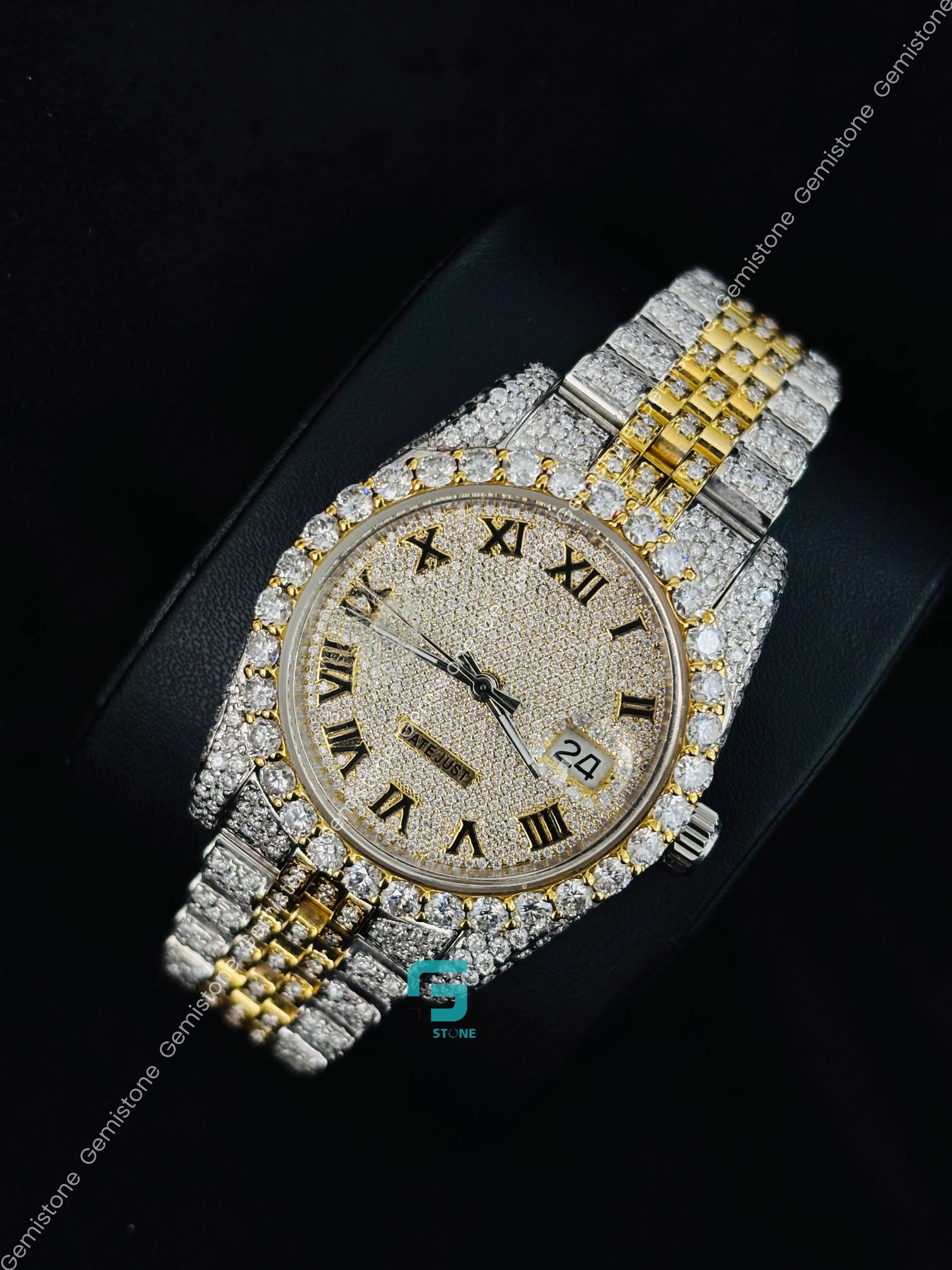 Yellow Gold Plated Moissanite Roman Number Diamond Iced Out Watch For Men