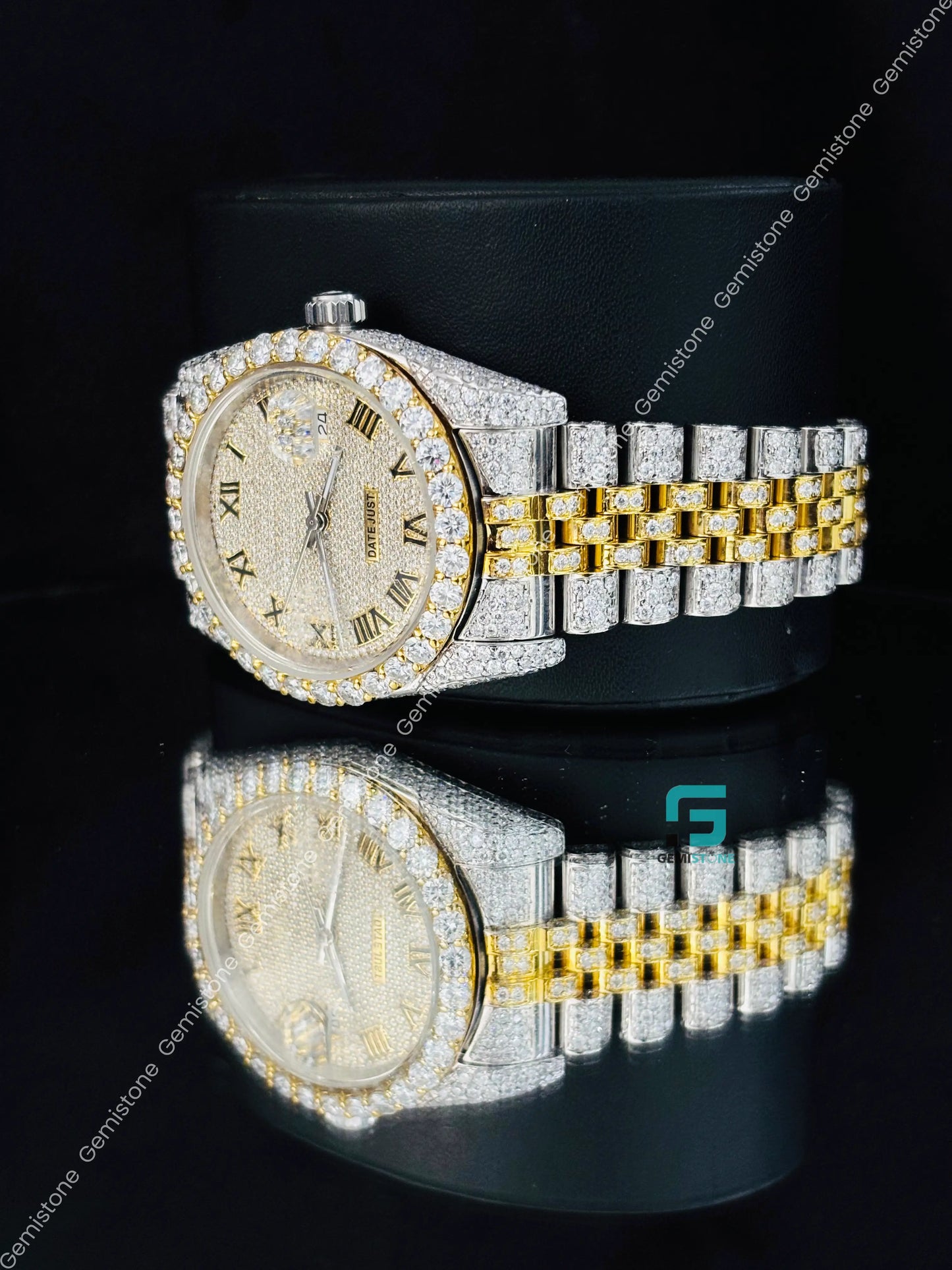 Yellow Gold Plated Moissanite Roman Number Diamond Studded Watch For Men