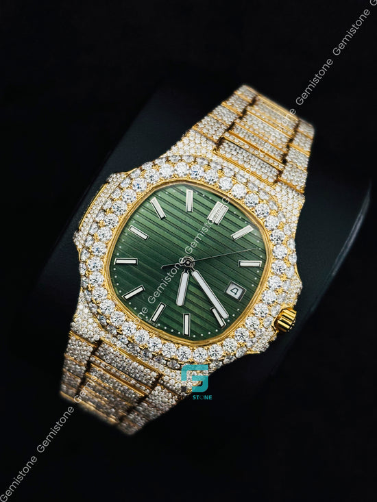 Yellow Gold Plated Patek Philippe Green Dial Moissanit Iced Out Watch 