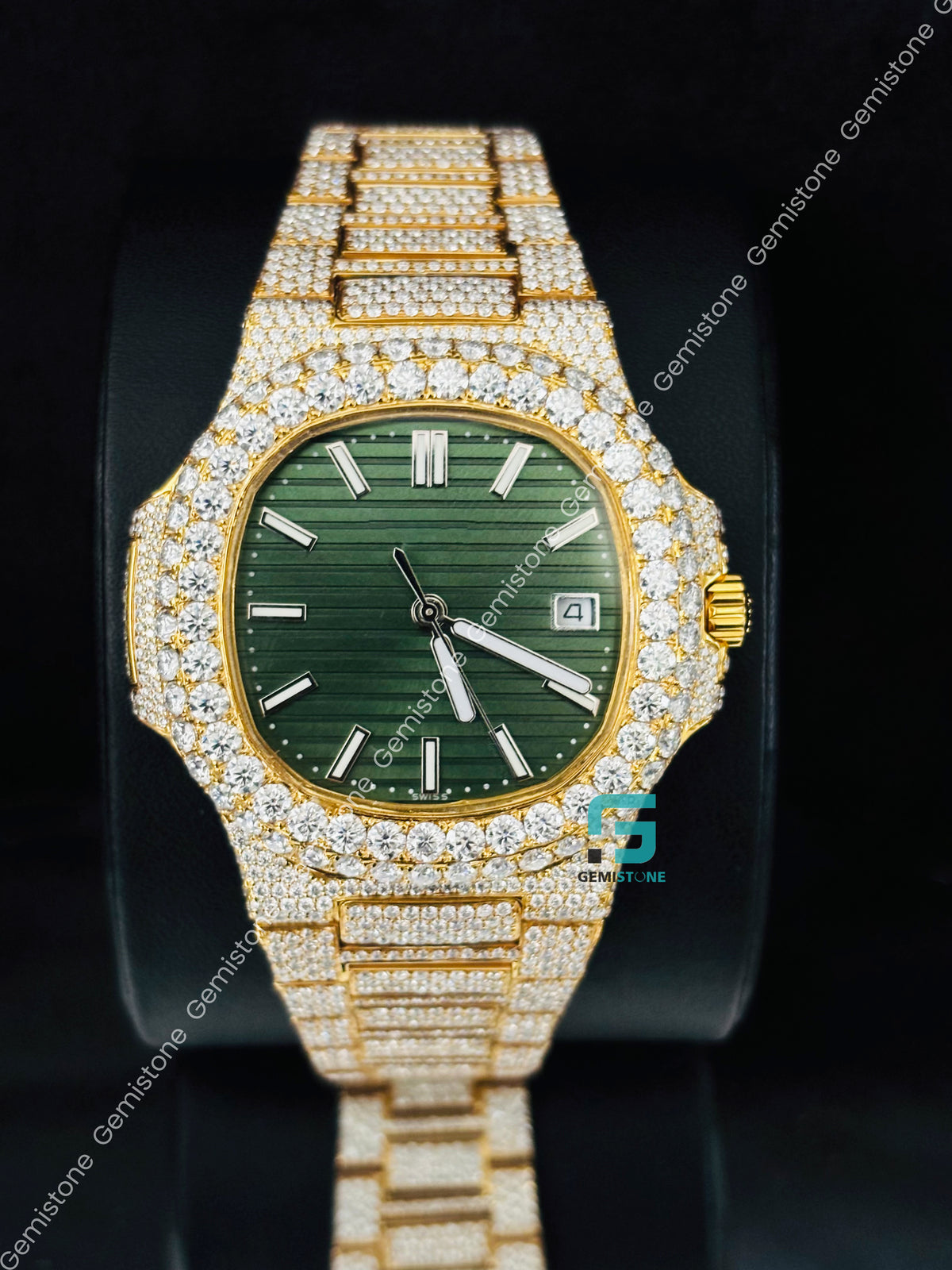 Yellow Gold Plated Patek Philippe Green Dial Moissanite Iced Out Watch For Men