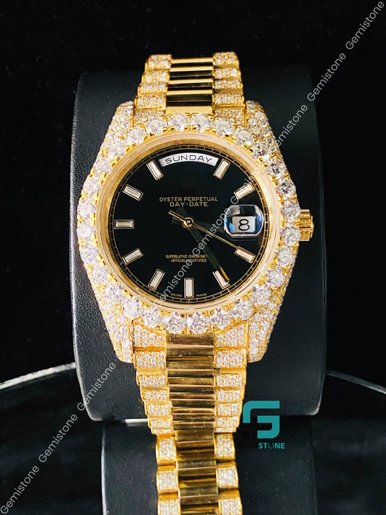 Yellow Gold Plated Rolex Black Dial Moissanite Watch For Men