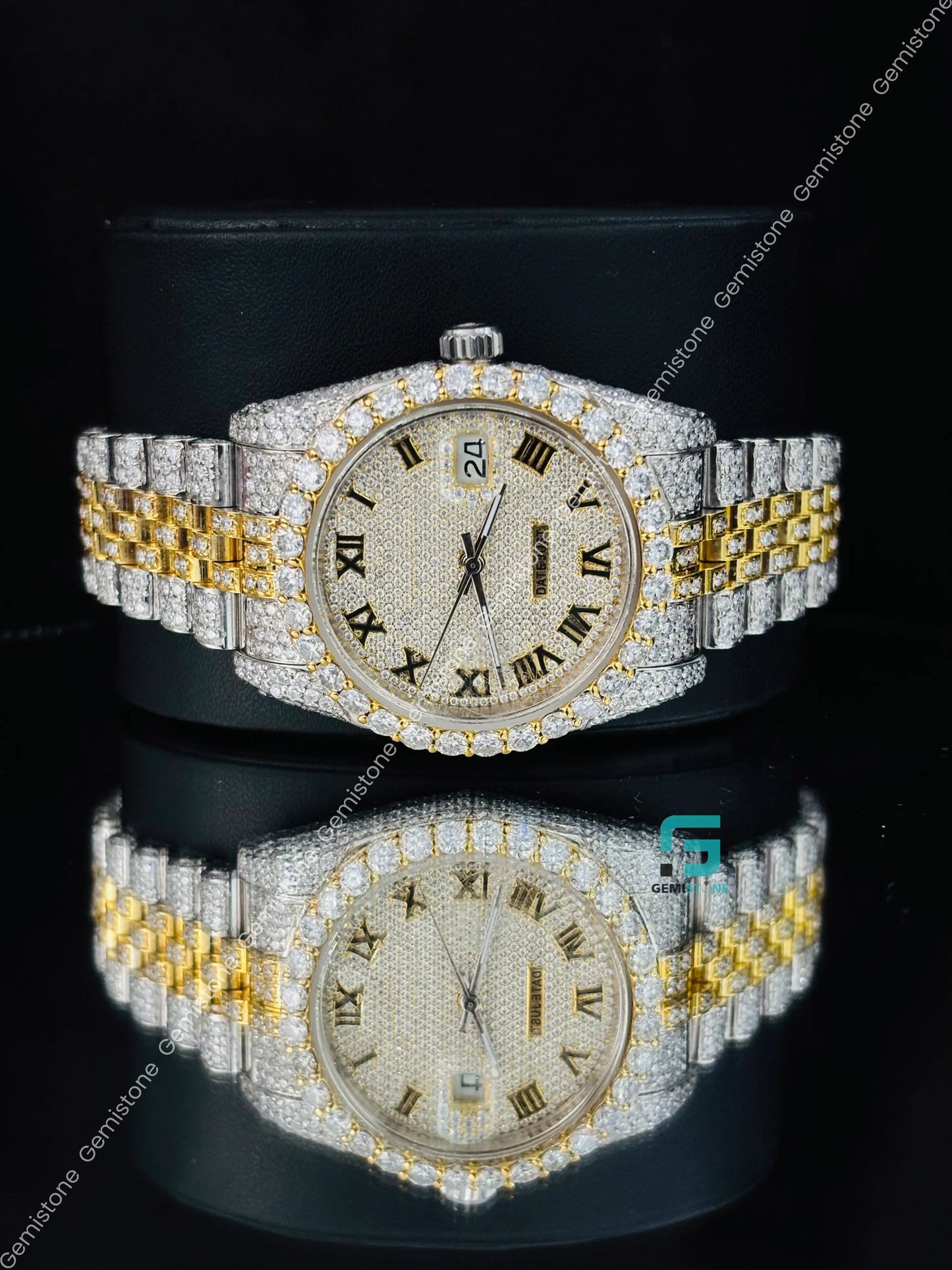 Yellow Gold Plated Roman Number Moissanite Diamond Studded Watch 