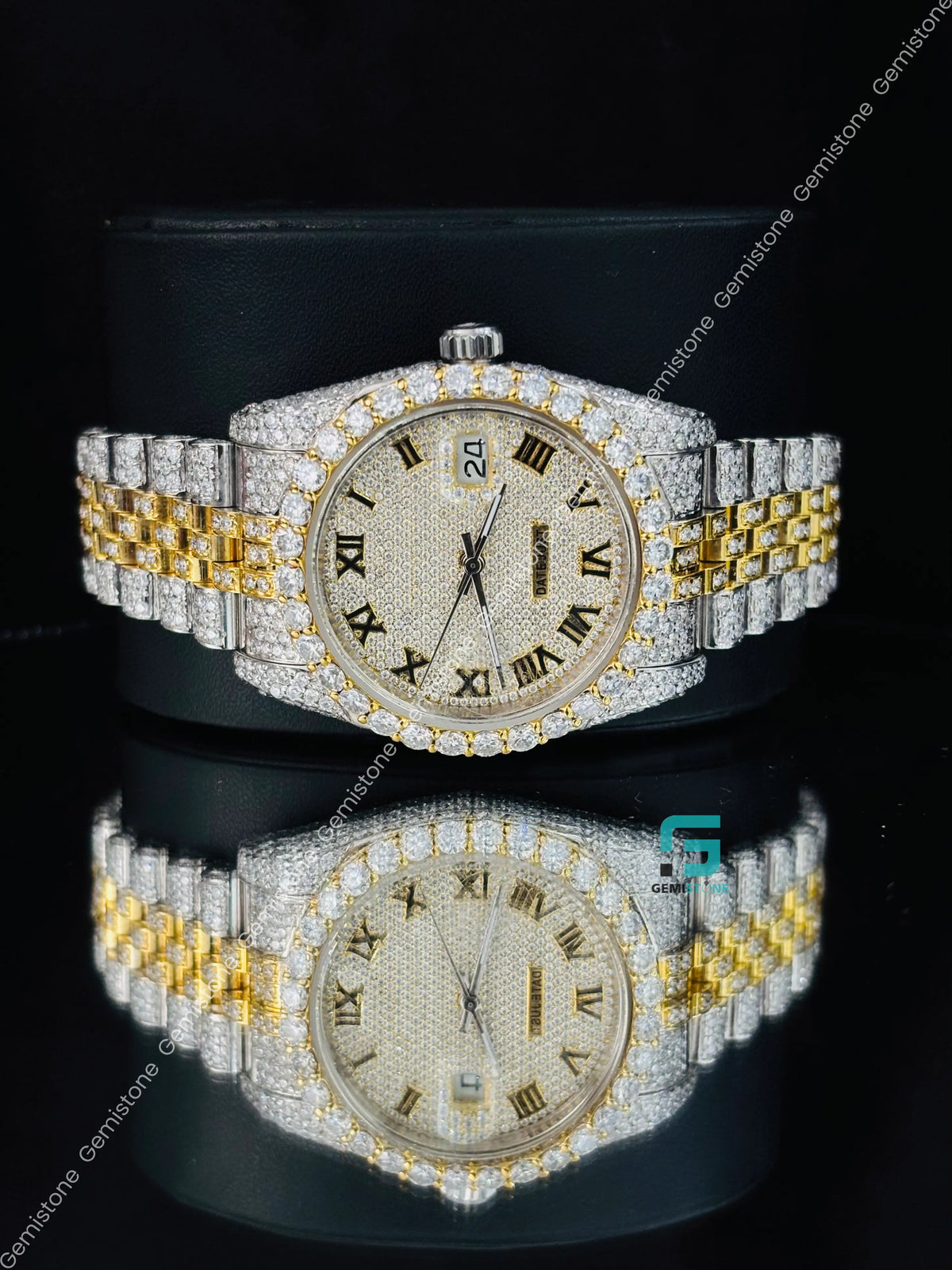 Yellow Gold Plated Roman Number Moissanite Diamond Studded Watch 