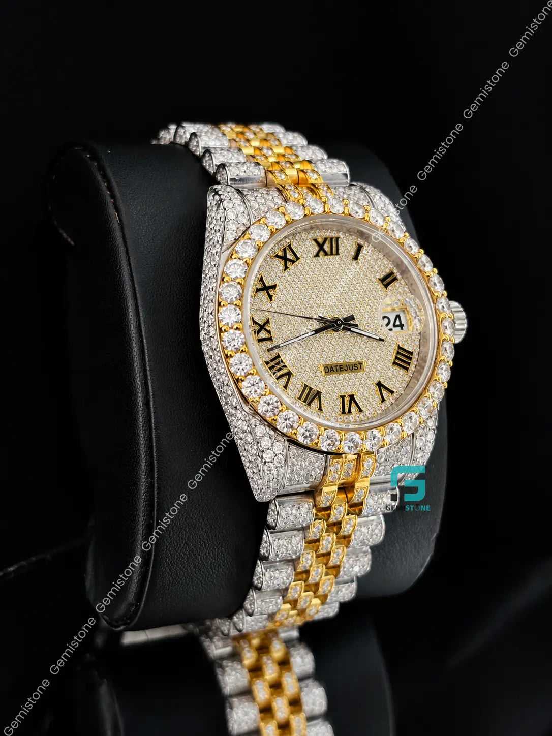 Yellow Gold Plated Roman Number Moissanite Diamond Studded Watch For Men