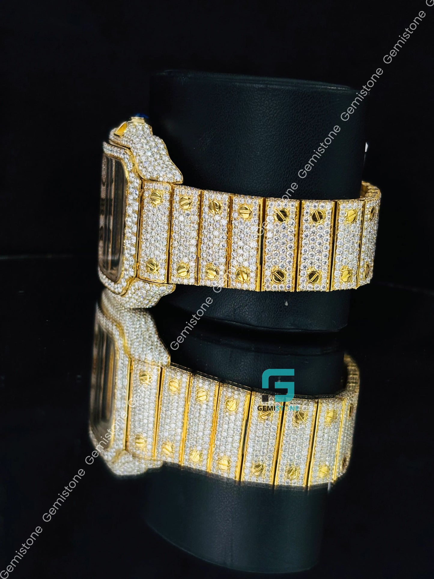 Yellow Gold Plated Roman Number Moissanite Watch For Men