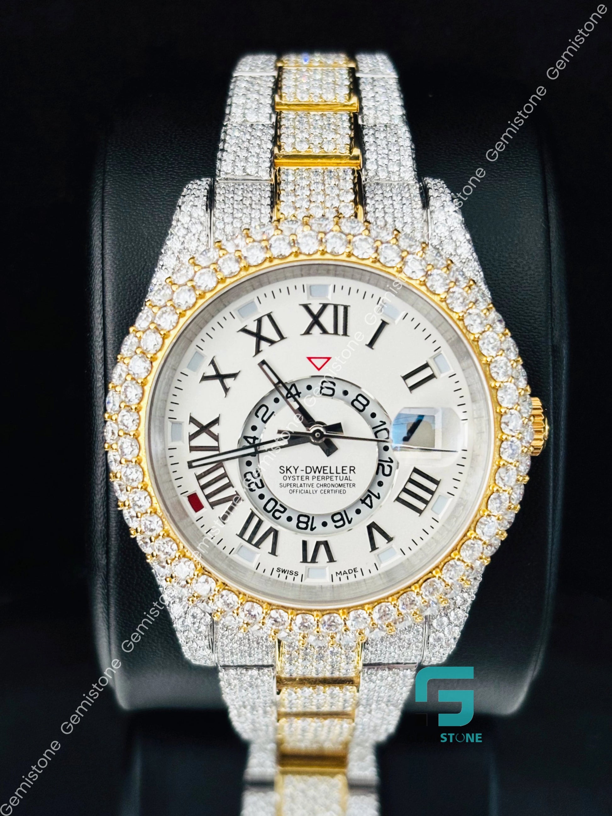 Yellow Gold Plated Roman Number Moissanite Watchs