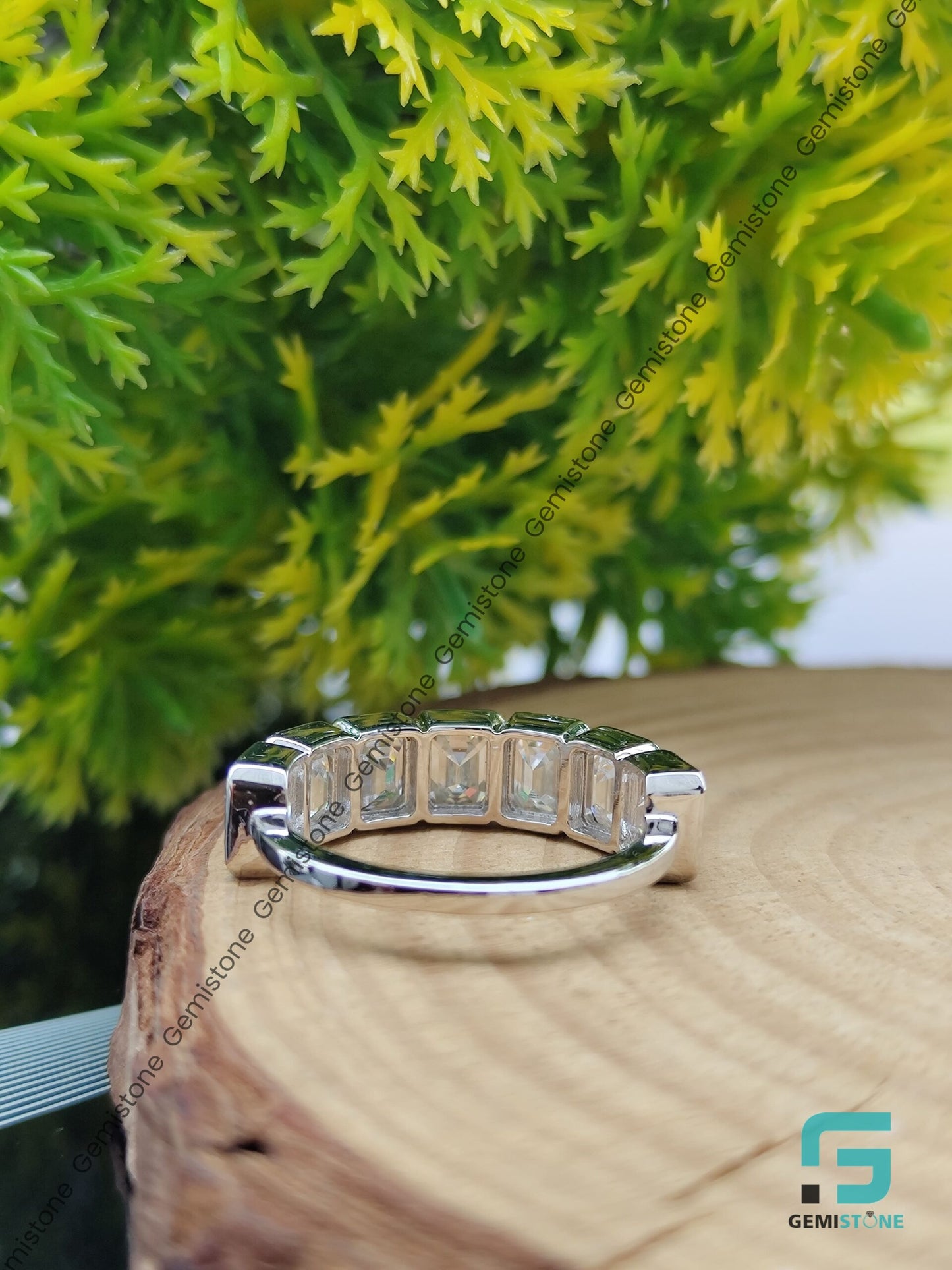 3.5 CTW Half Eternity Moissanite Emerald Cut Bezel Ring For Her