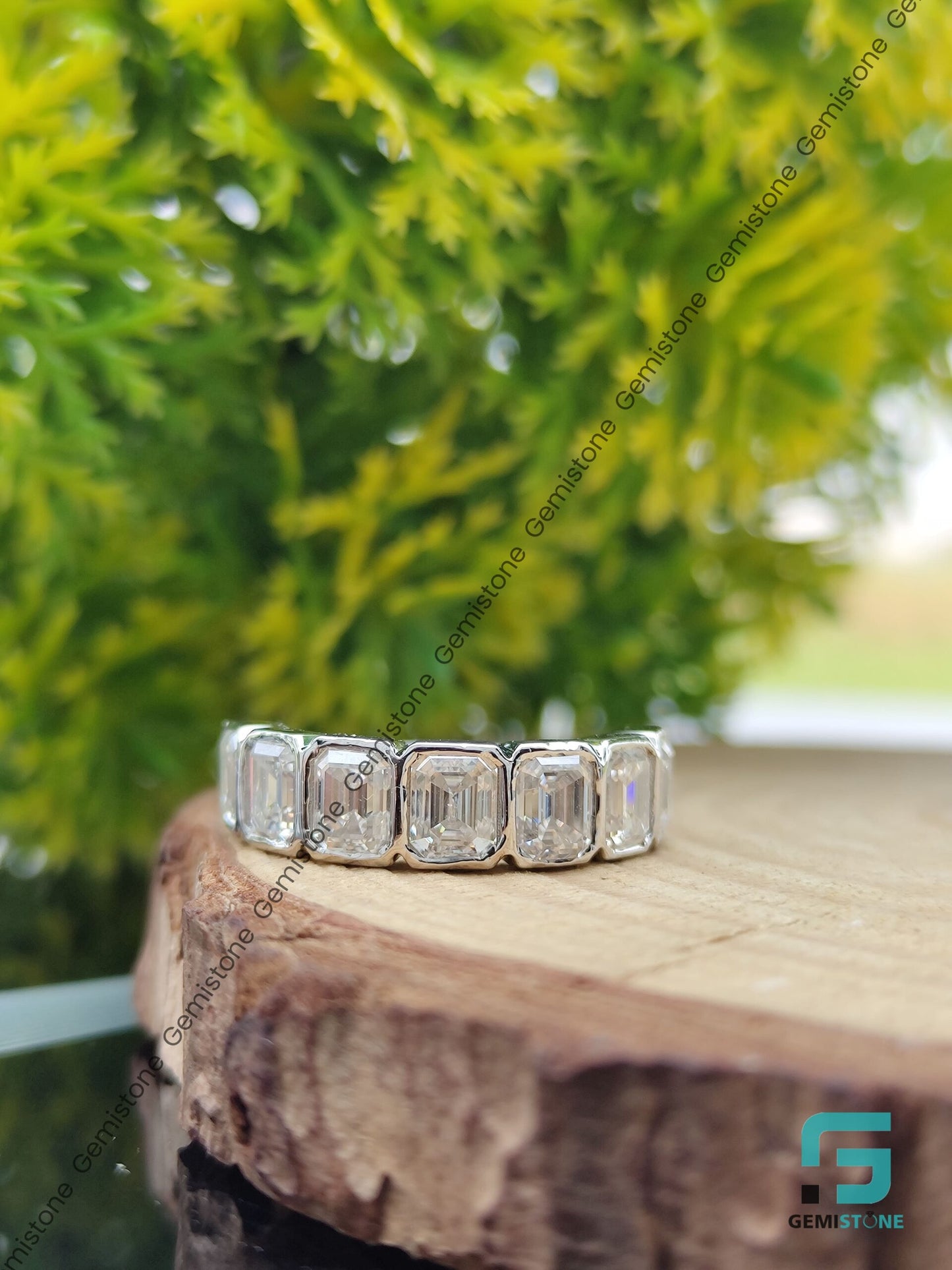 3.5 CTW Half Eternity Moissanite Emerald Cut Bezel Ring For Her