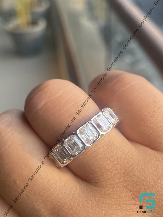 3.5 CTW Half Eternity Moissanite Emerald Cut Bezel Ring For Her