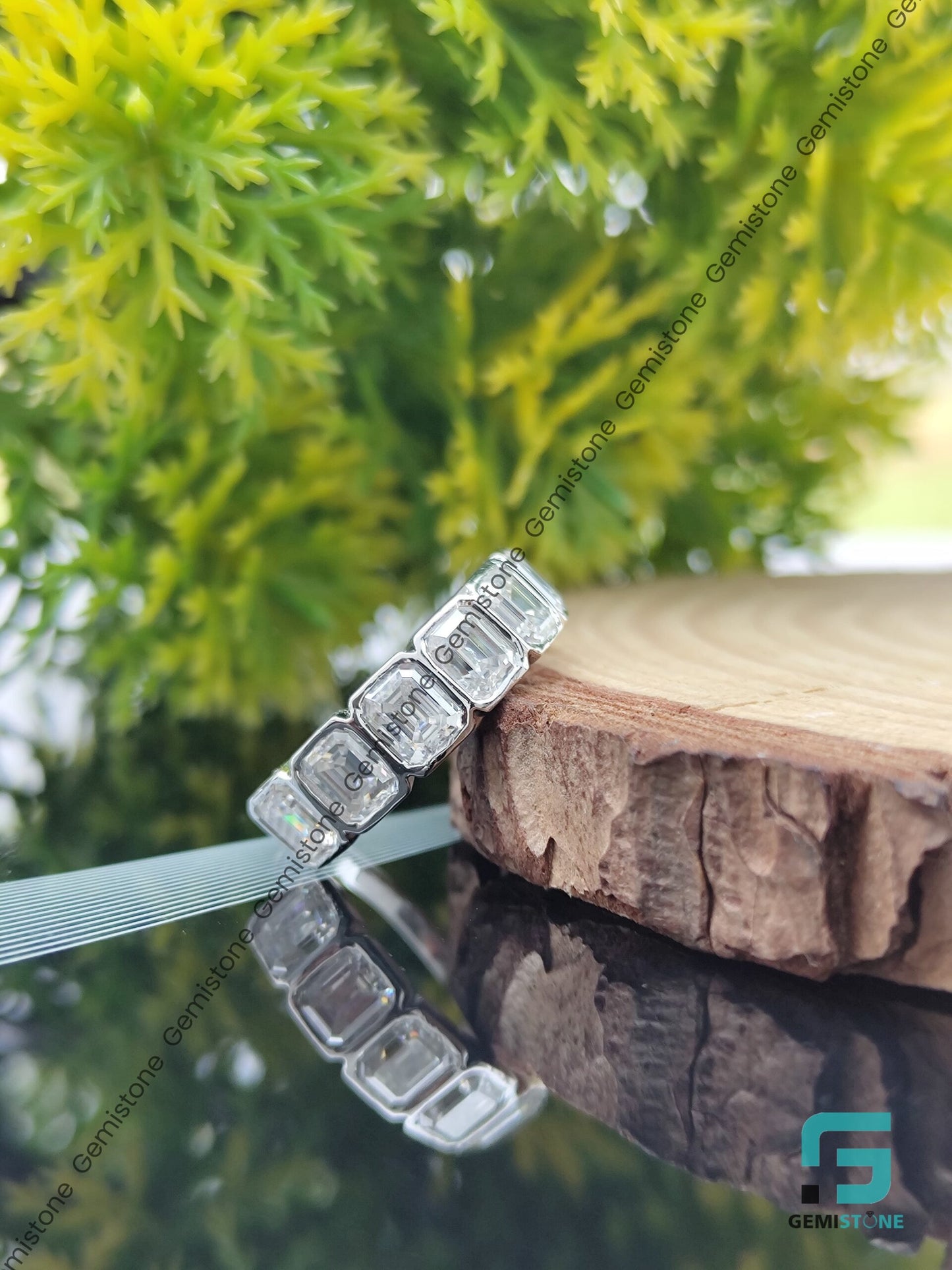 3.5 CTW Half Eternity Moissanite Emerald Cut Bezel Ring For Her