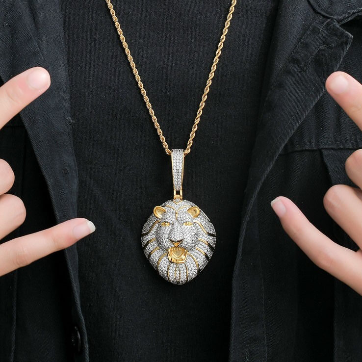 Roaring Lion Diamond Necklace Pendant For Men Gold