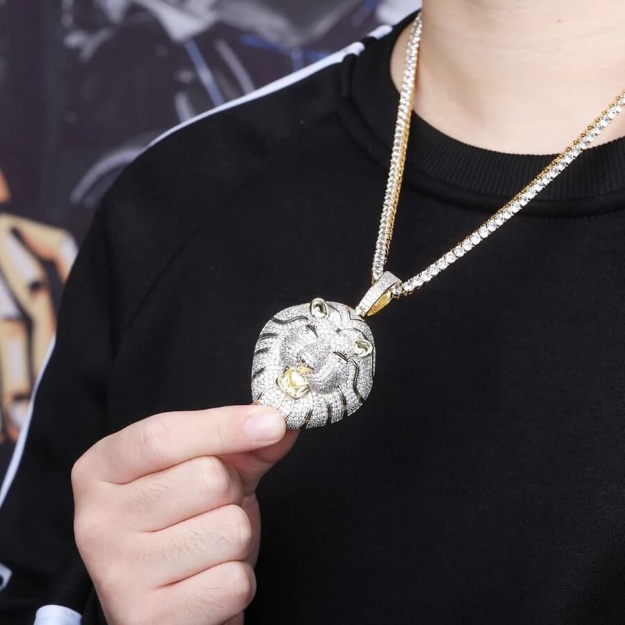 Roaring Lion Diamond Necklace Pendant For Men Gold
