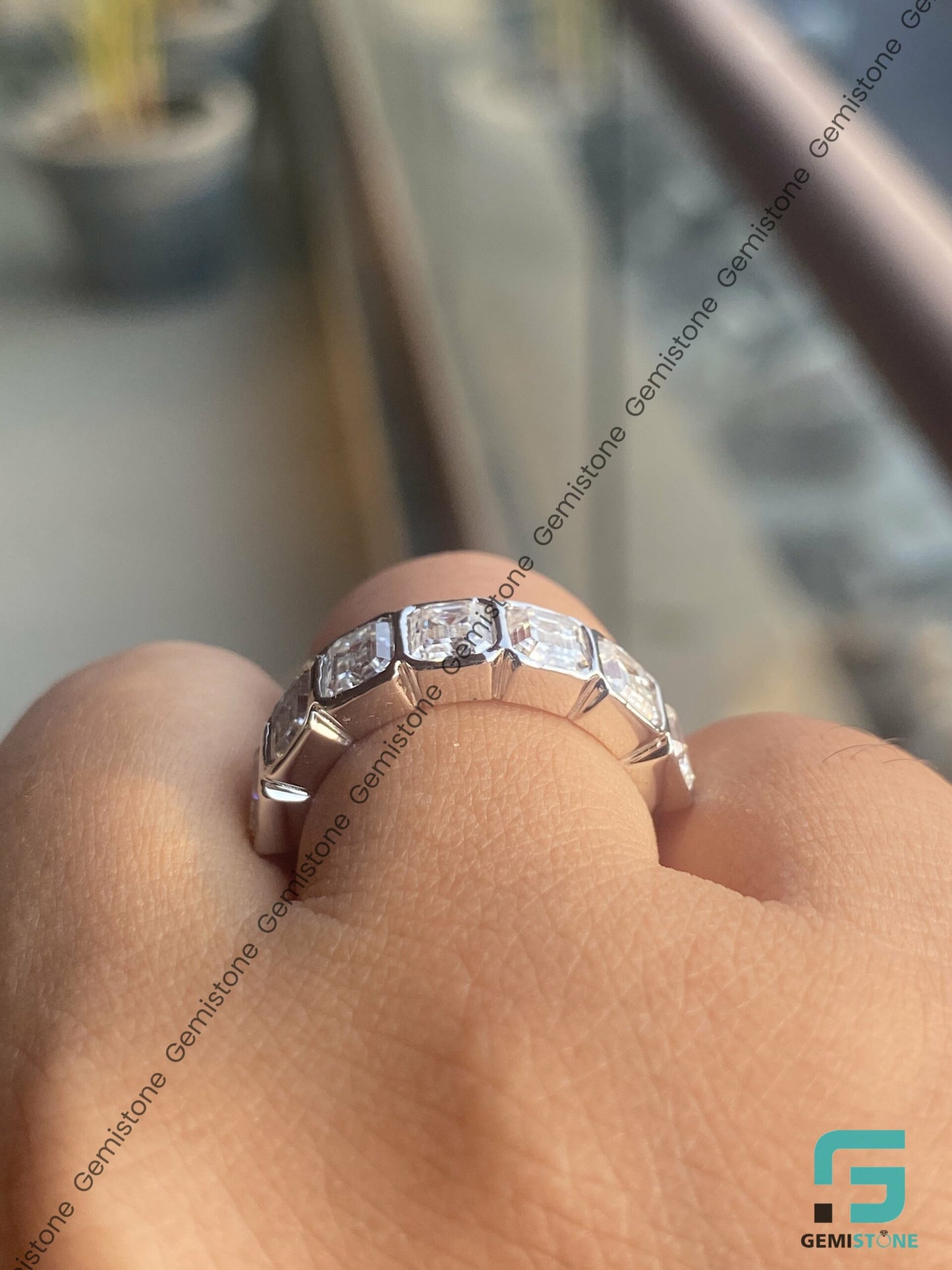 3.5 CTW Half Eternity Moissanite Emerald Cut Bezel Ring For Her