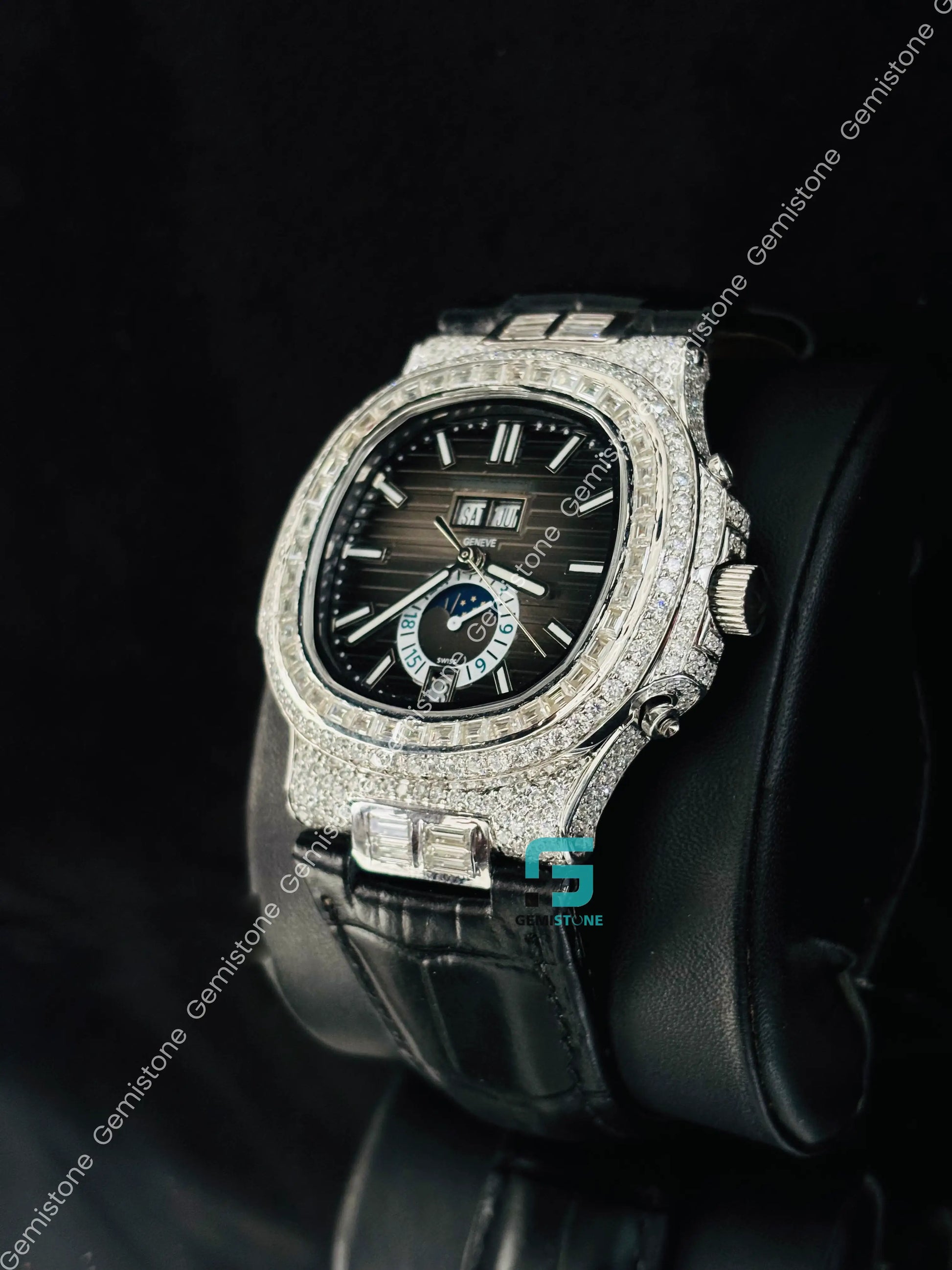 patek Philippe Black Lather Strap Moissanite Watch