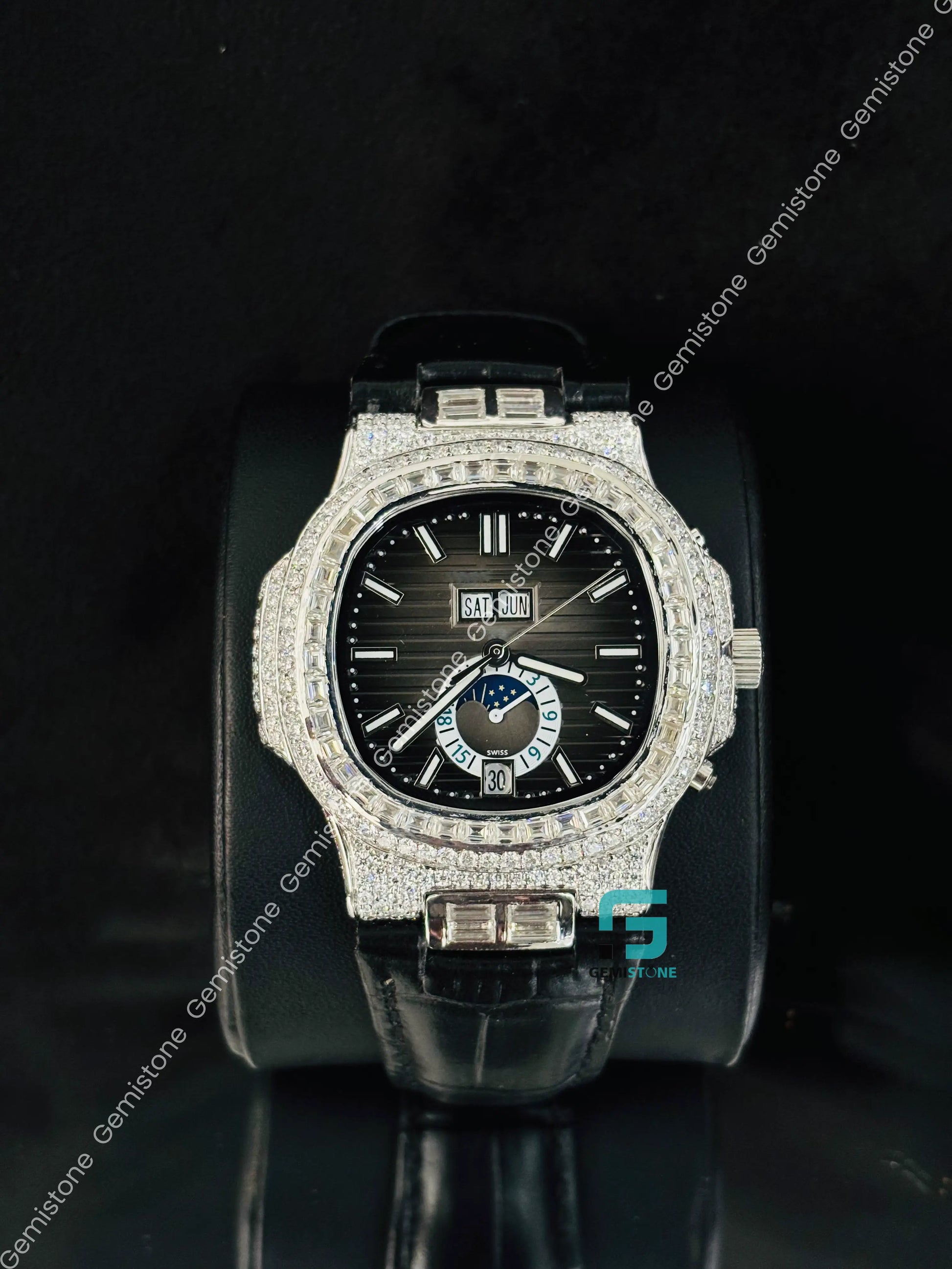 patek Philippe Black Lather Strap Moissanite Watch For Men